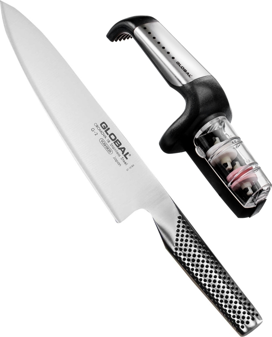 Nóż szefa kuchni Global 20 cm z ostrzałką 2 el.