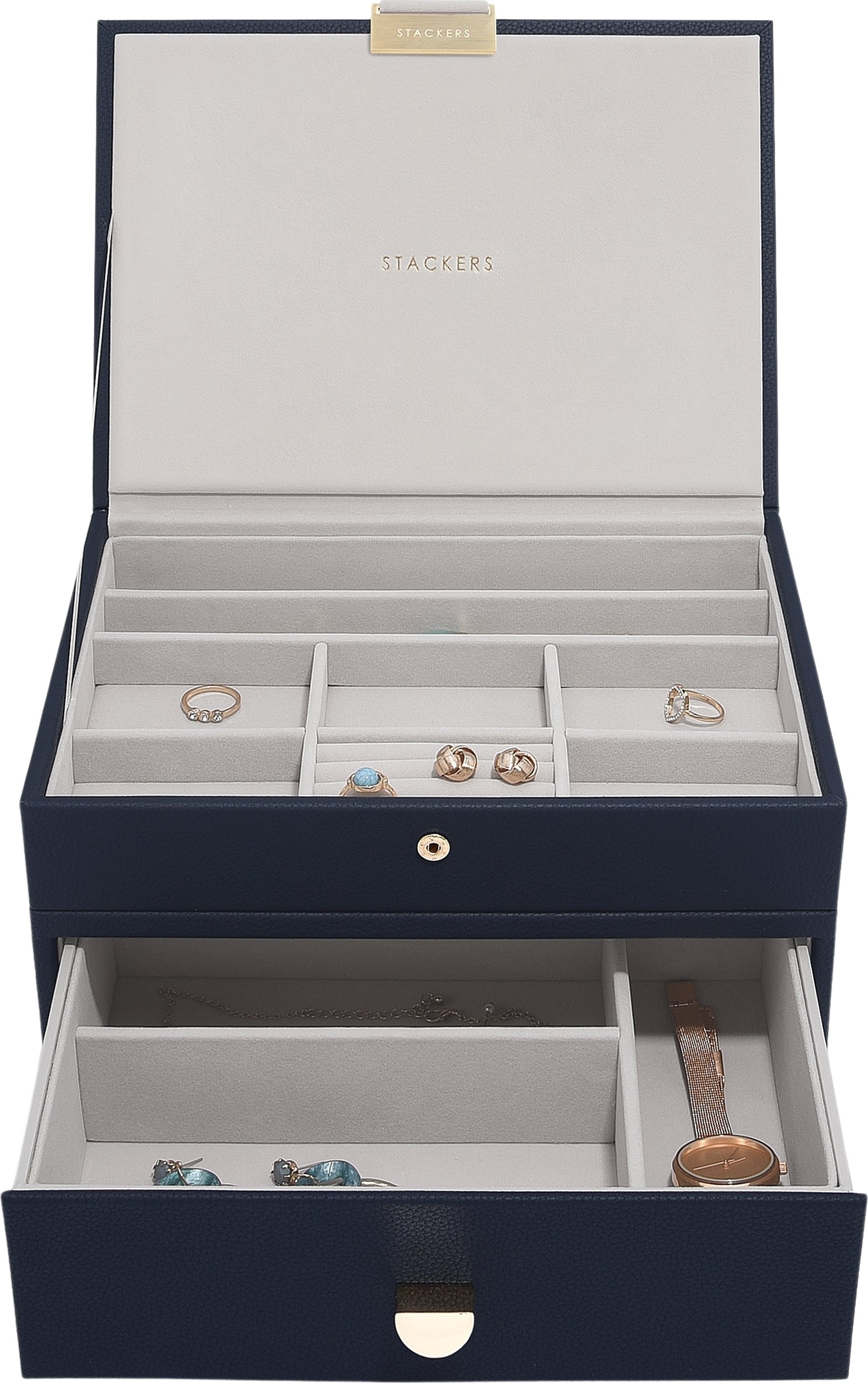 Szkatułka na biżuterię Stackers Classic podwójna granatowa z szufladą