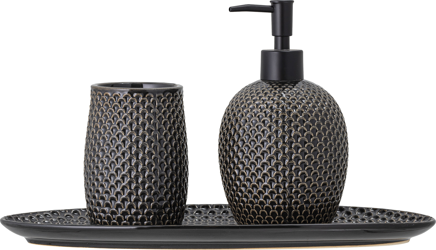 Dozownik do mydła Hrin antracytowy z kubkiem na szczoteczki do zębów i podstawką 3 el.