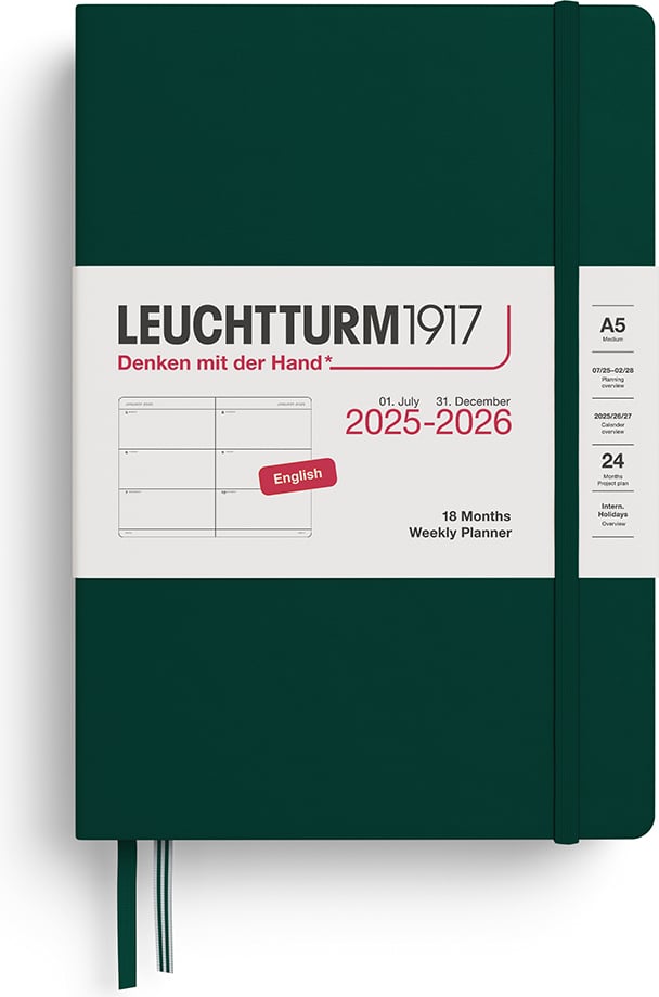 Planer tygodniowy w twardej oprawie Leuchtturm 1917 2025/2026 18M EN A5 leśna zieleń