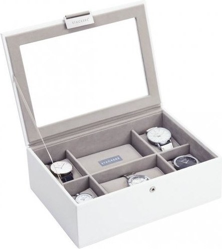 Pudełko na zegarki ze szklaną pokrywką Stackers biało-beżowe