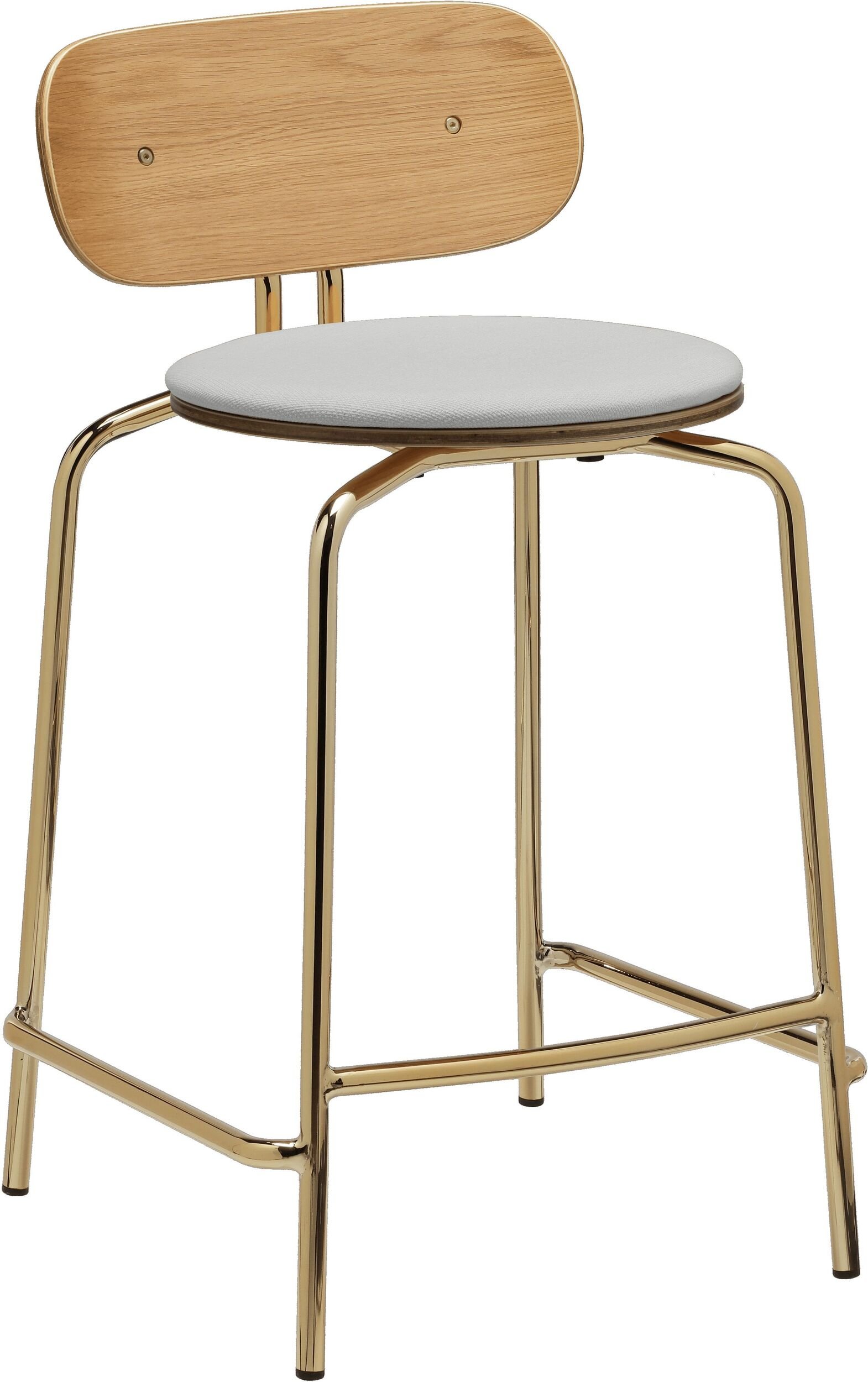 Krzesło Curious Counter jasnoszare z tapicerowanym siedziskiem na mosiężnych nogach