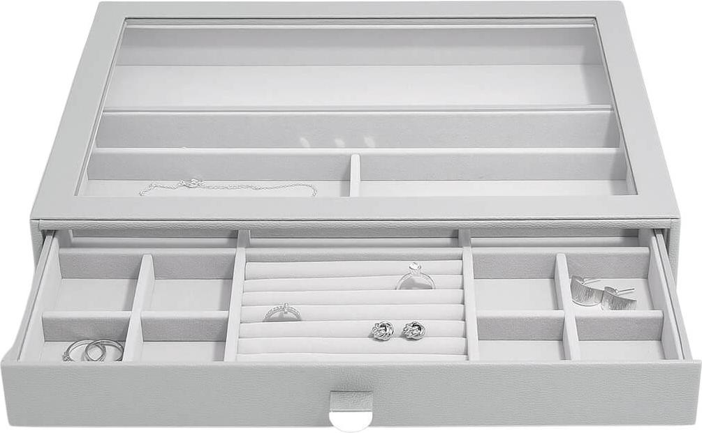 Szkatułka na biżuterię Stackers 15 komorowa supersize kamienna szarość z szufladą i szklaną pokrywką