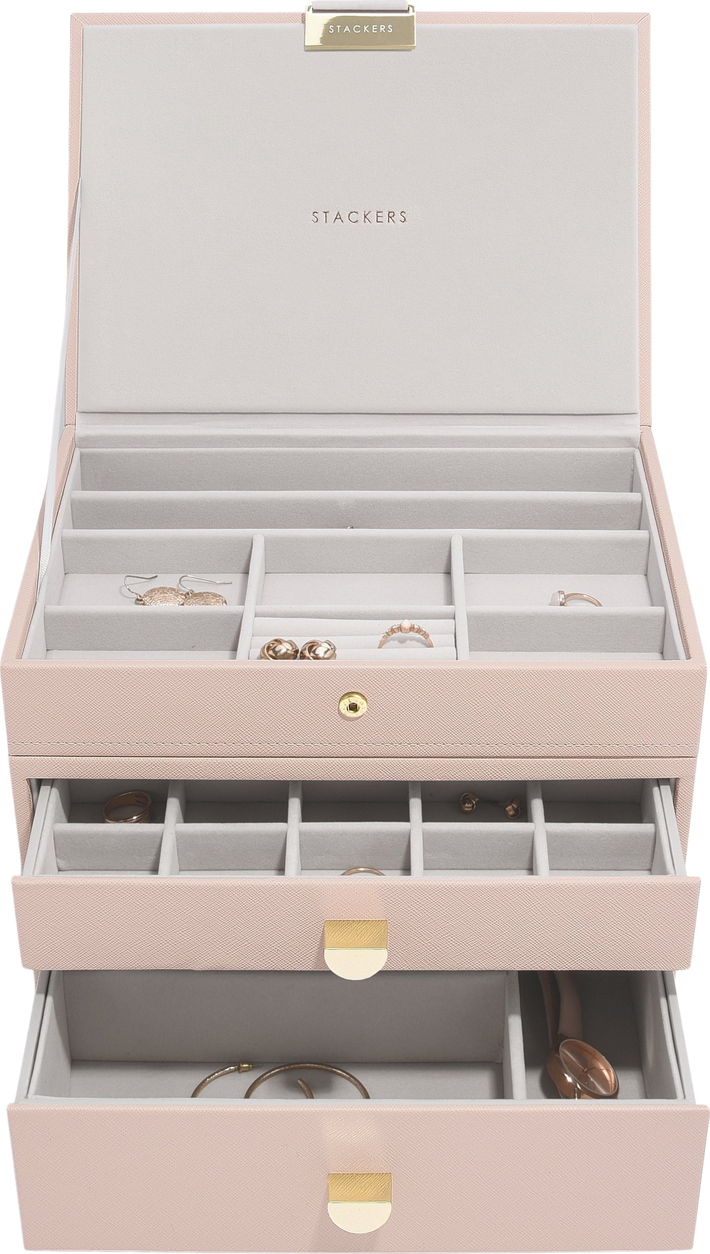 Szkatułka na biżuterię Stackers Classic potrójna jasnoróżowa z 2 szufladami