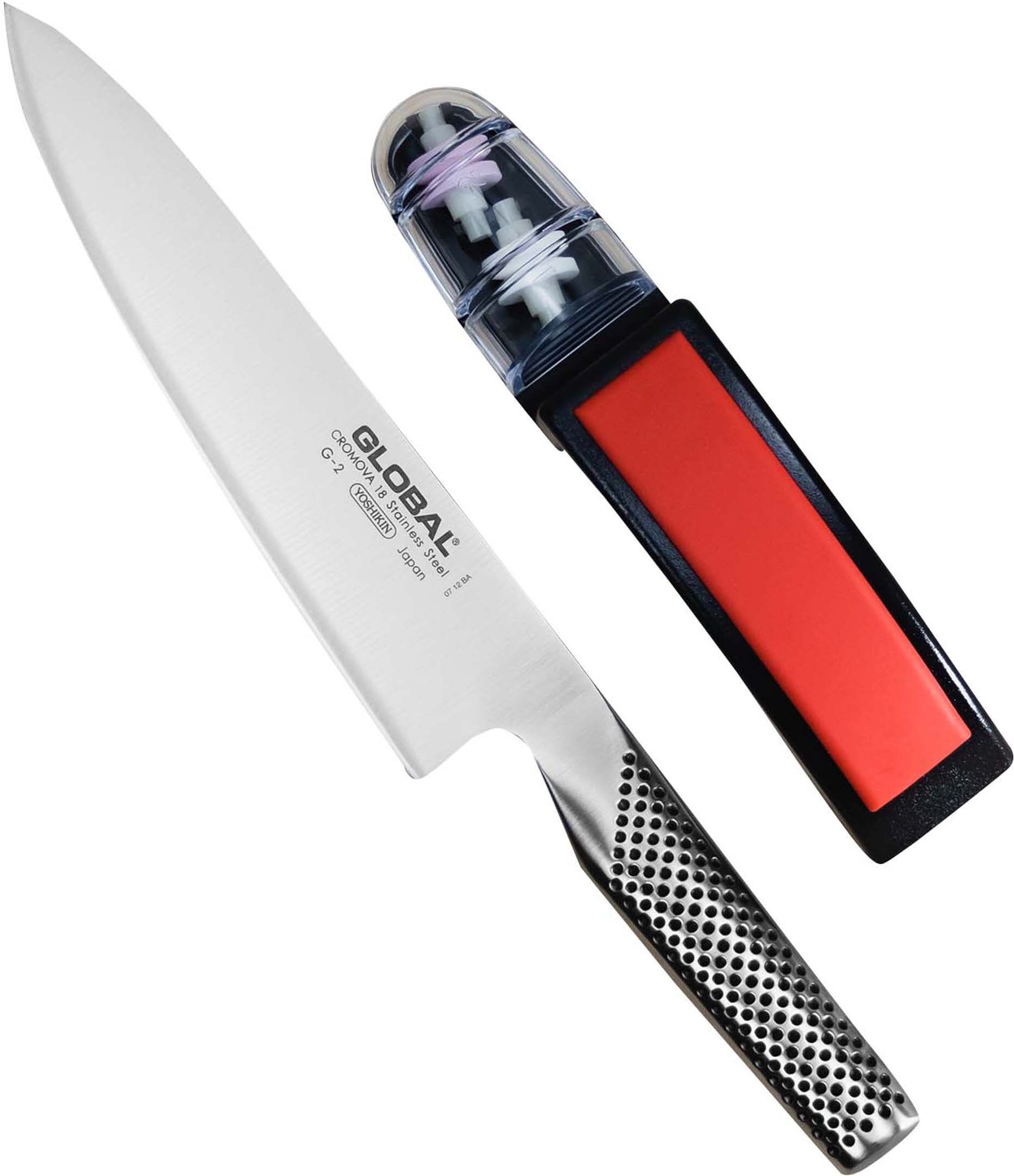 Nóż szefa kuchni Global z ostrzałką 2 el.