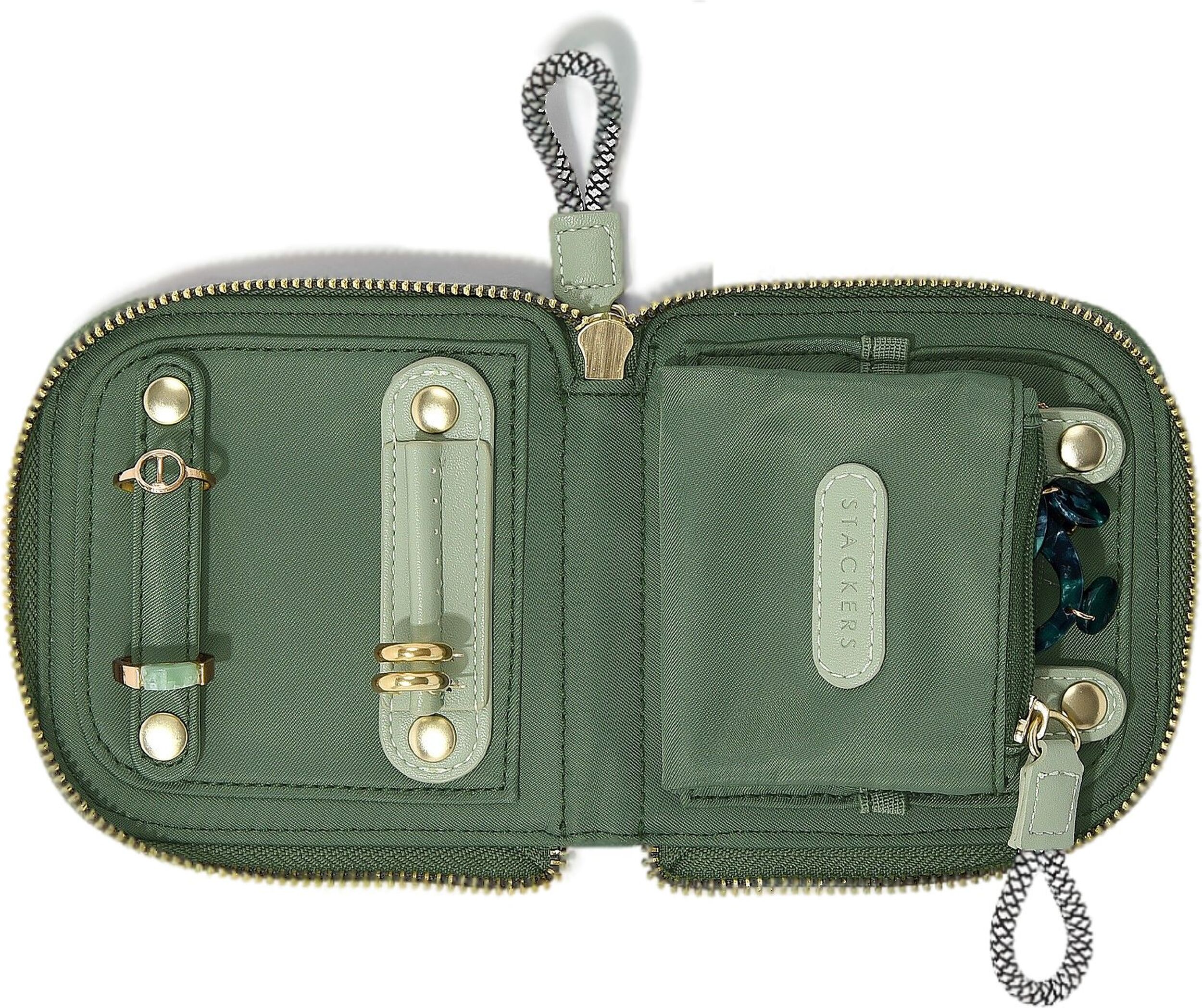 Pudełko podróżne na biżuterię z miejscem na pierścionki Stackers małe zielone nylonowe