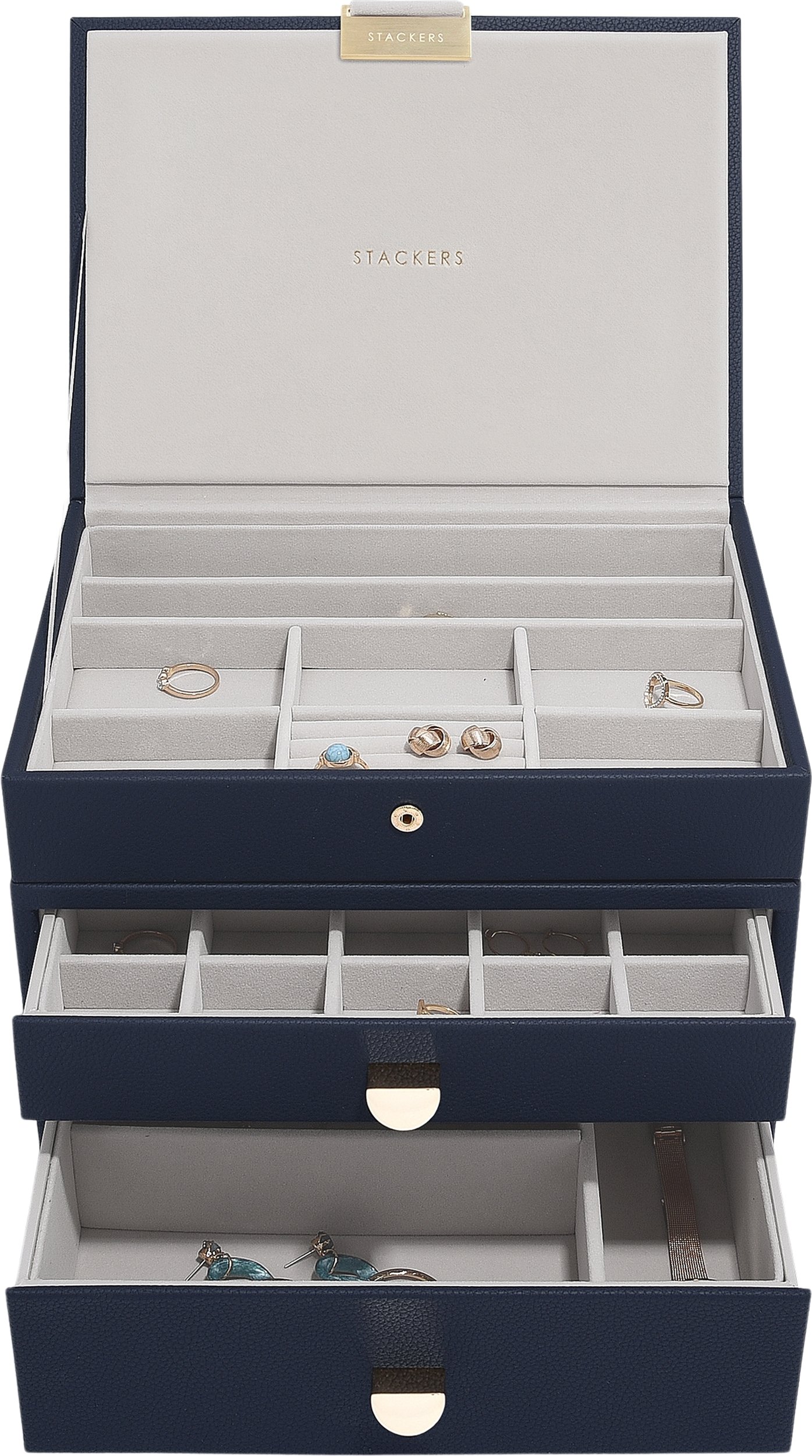 Szkatułka na biżuterię Stackers Classic potrójna granatowa z 2 szufladami