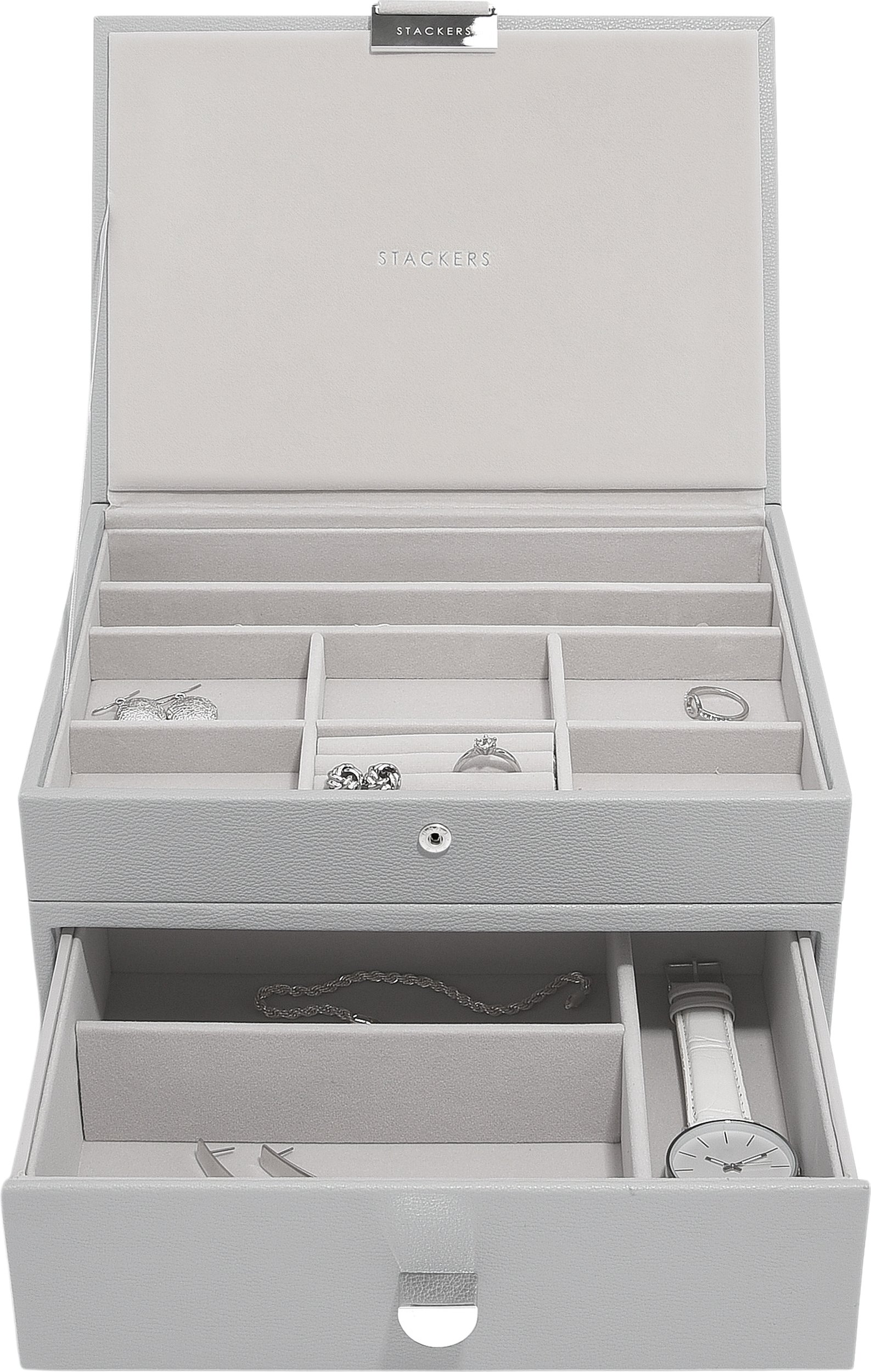 Szkatułka na biżuterię Stackers Classic podwójna szara z szufladą