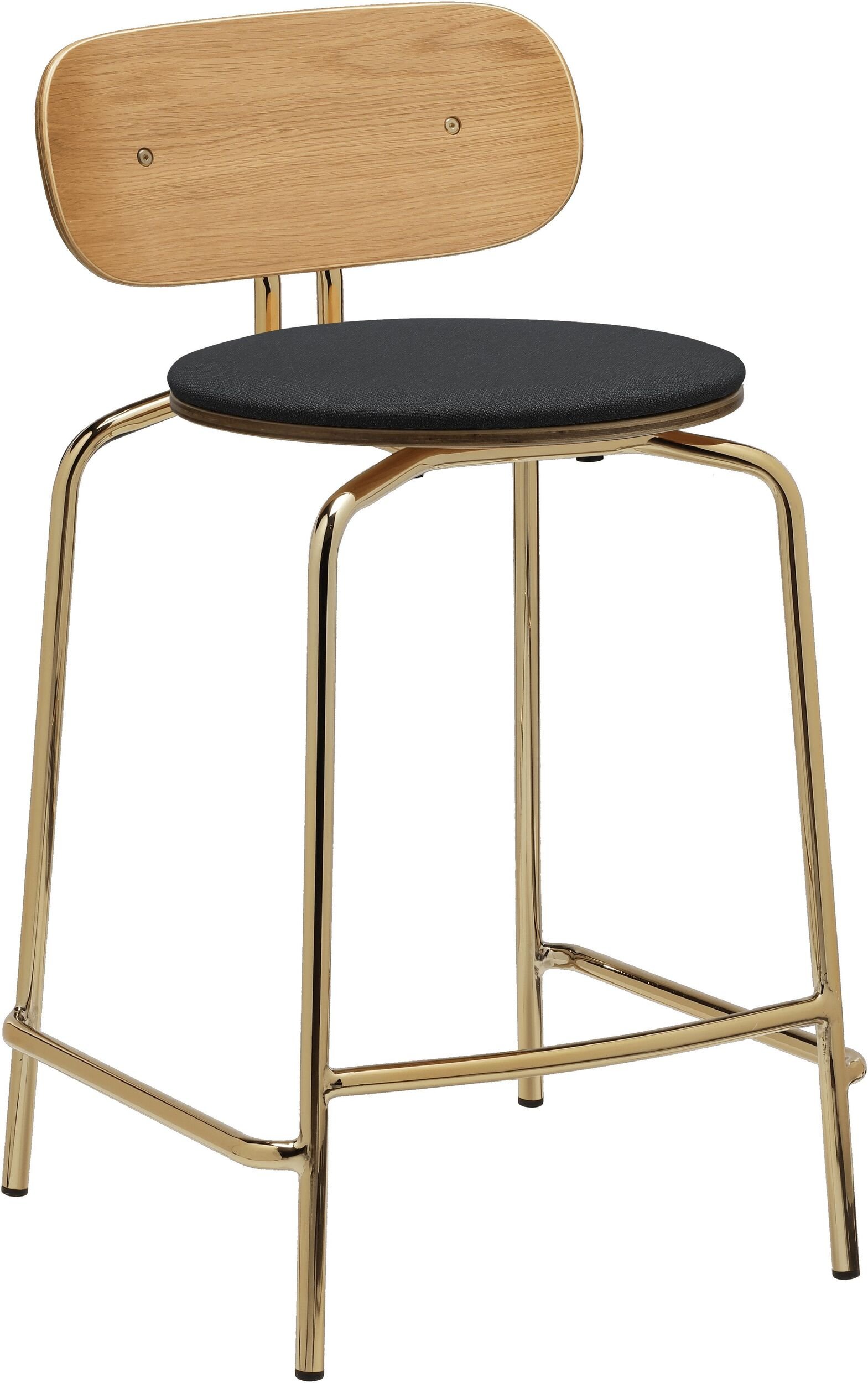 Krzesło Curious Counter ciemnoszare z tapicerowanym siedziskiem na mosiężnych nogach