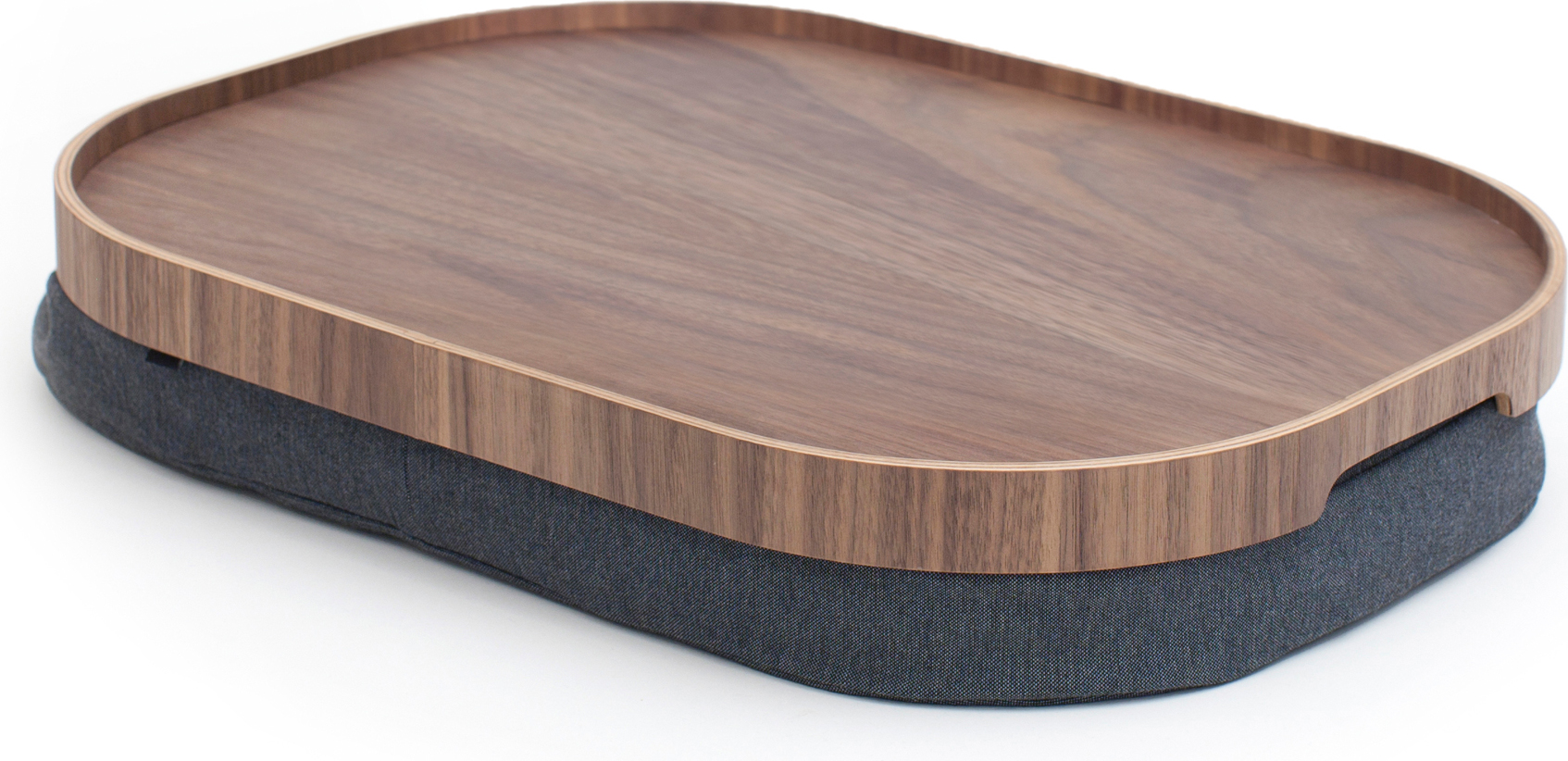 Taca Laptray owalna L drewno orzechowe z antypoślizgową powłoką i z szarą poduszką