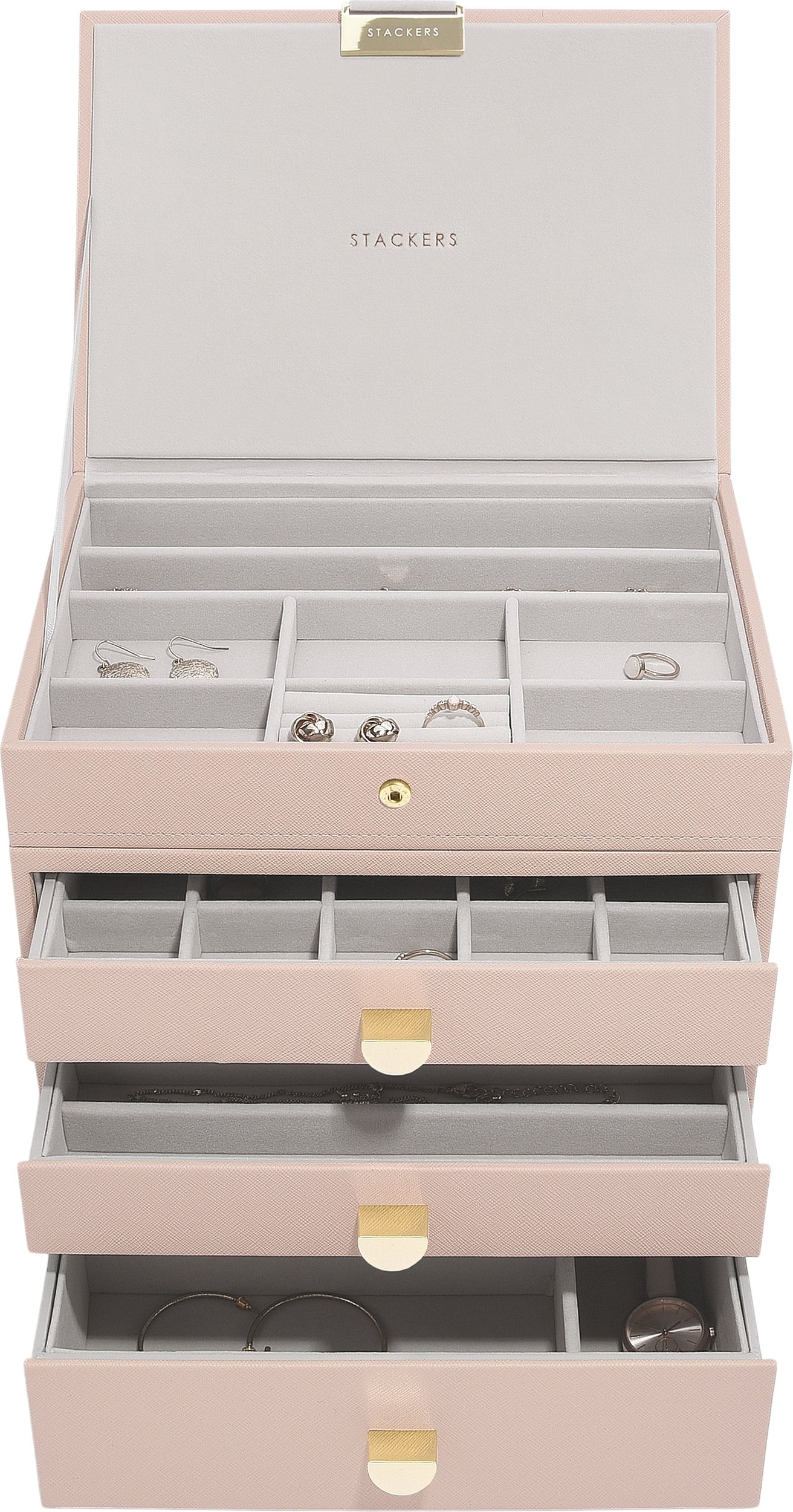 Szkatułka na biżuterię Stackers Classic poczwórna jasnoróżowa z 3 szufladami
