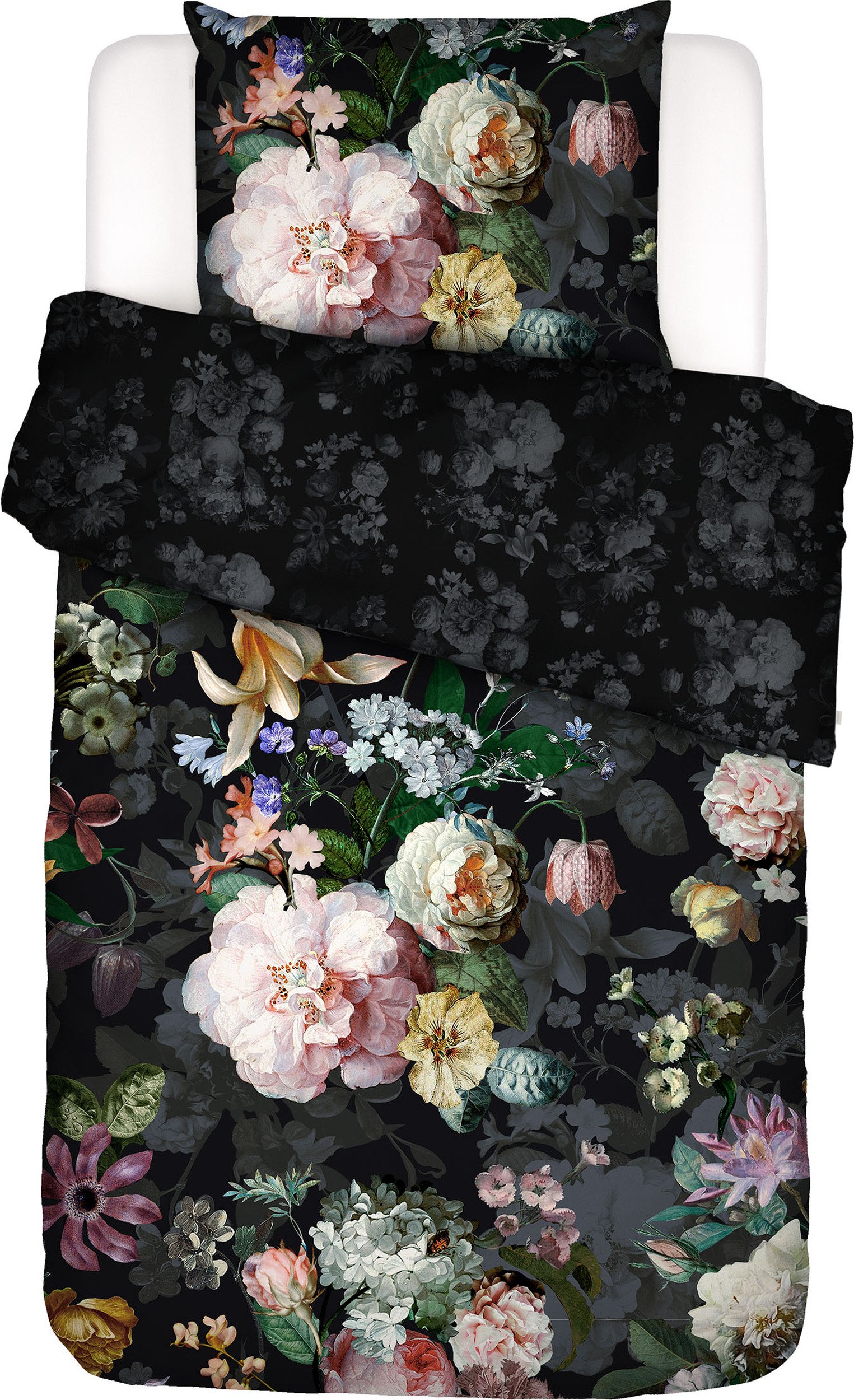 Pościel Fleur Festive 155 x 220 cm czarna z poszewką na poduszkę 80 x 80 cm zapięcie suwak