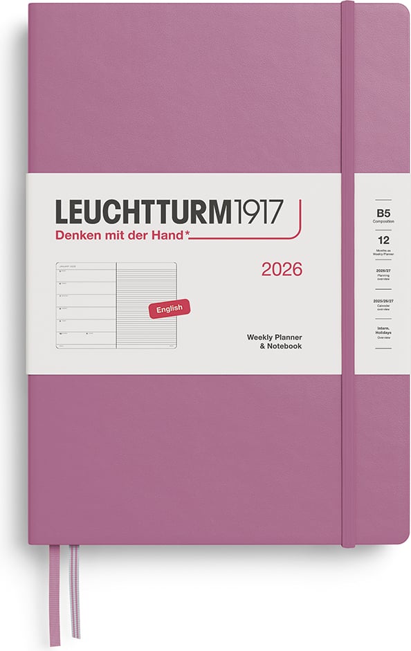 Planer tygodniowy z notatnikiem w linię w twardej oprawie Leuchtturm 1917 2026 EN B5 brudny róż