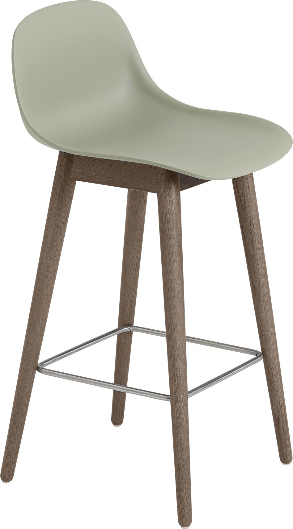 Stołek Fiber 65 cm szarozielony z oparciem na ciemnych drewnianych nogach