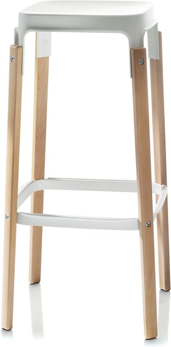 Stołek barowy Steelwood 68 cm nogi buk siedzisko białe