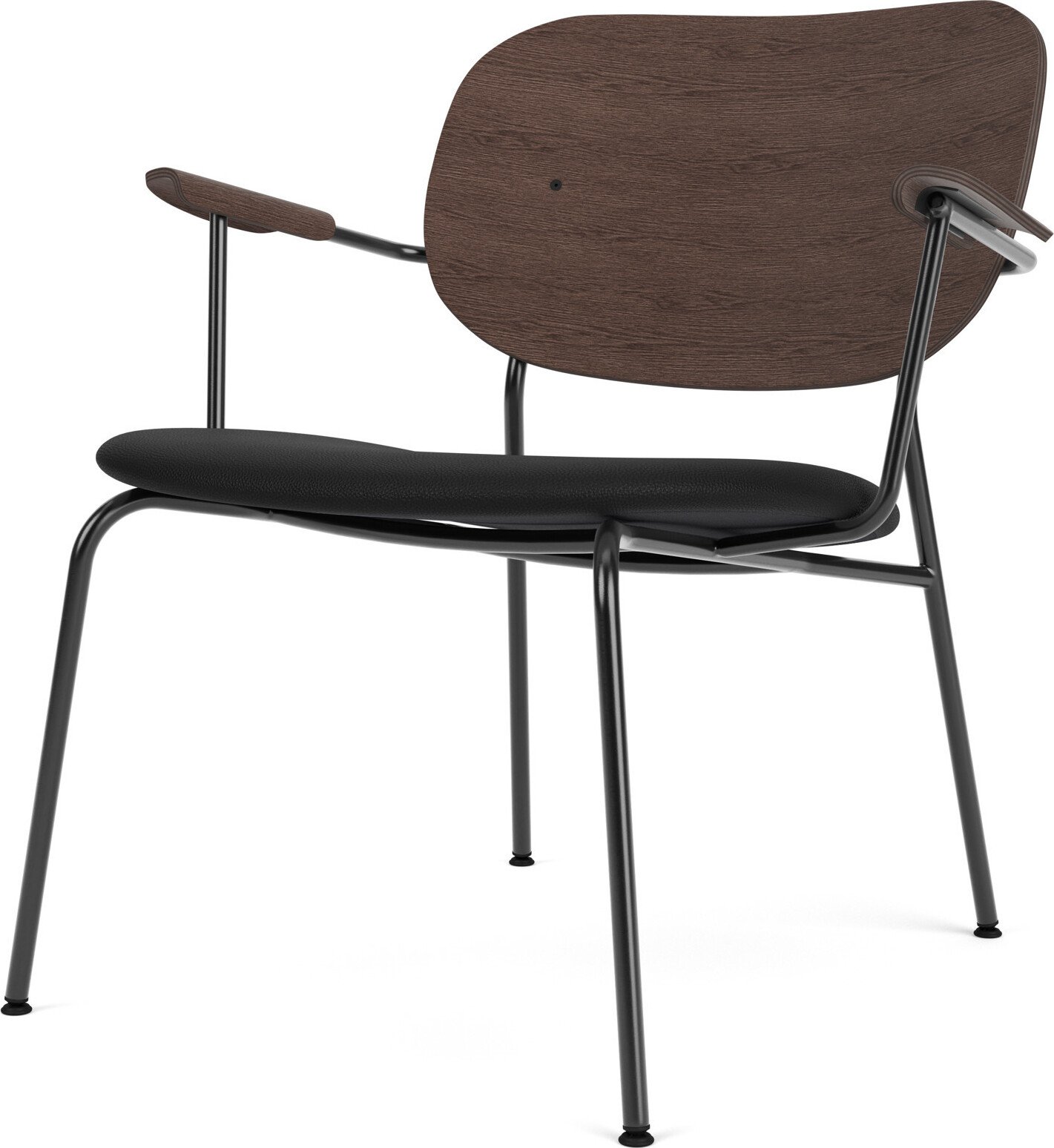 Krzesło Co Sierra niskie czarne oparcie ciemny dąb siedzisko skórzane z podłokietnikami na czarnych nogach