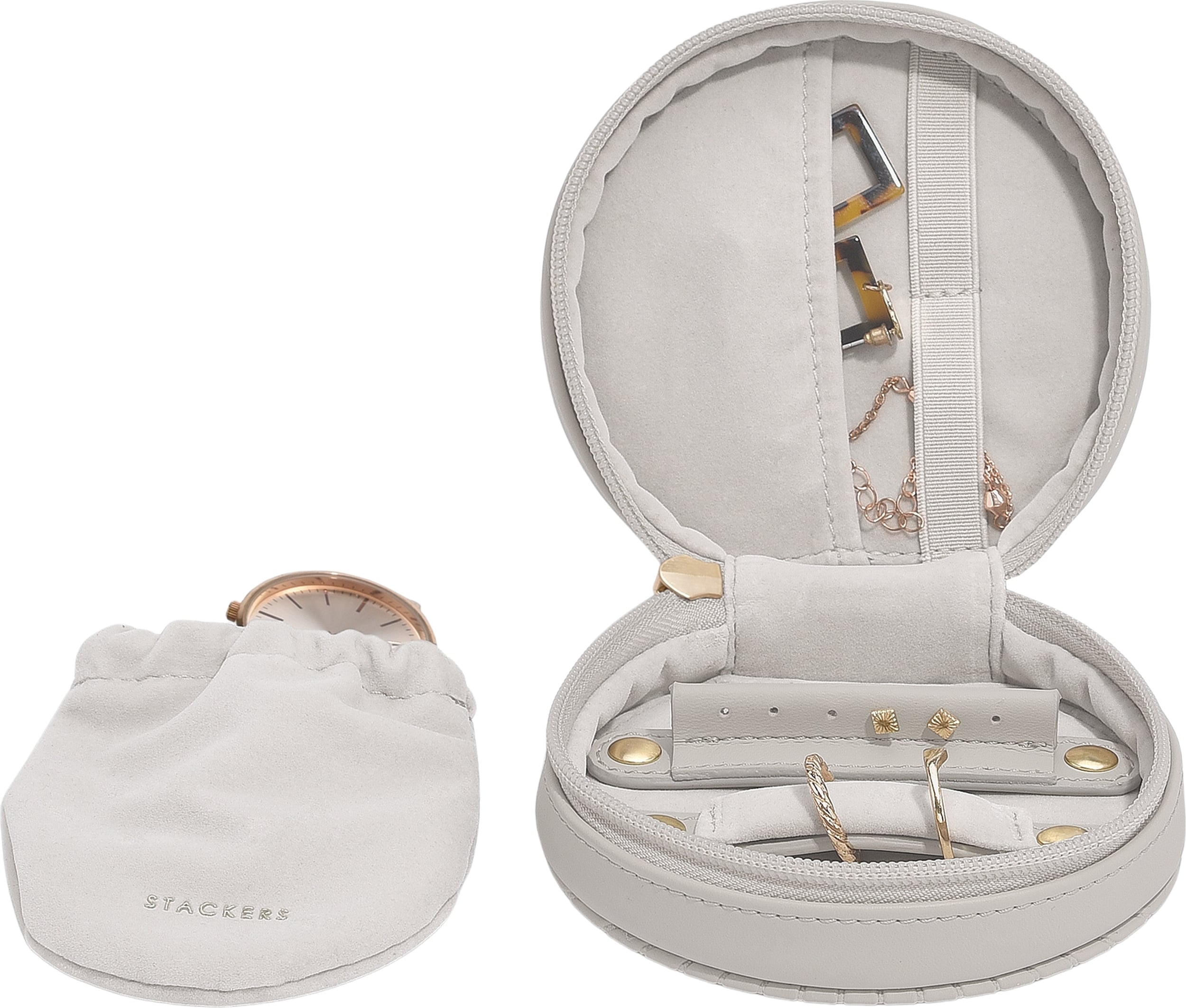 Pudełko podróżne na biżuterię Stackers okrągłe beżowe