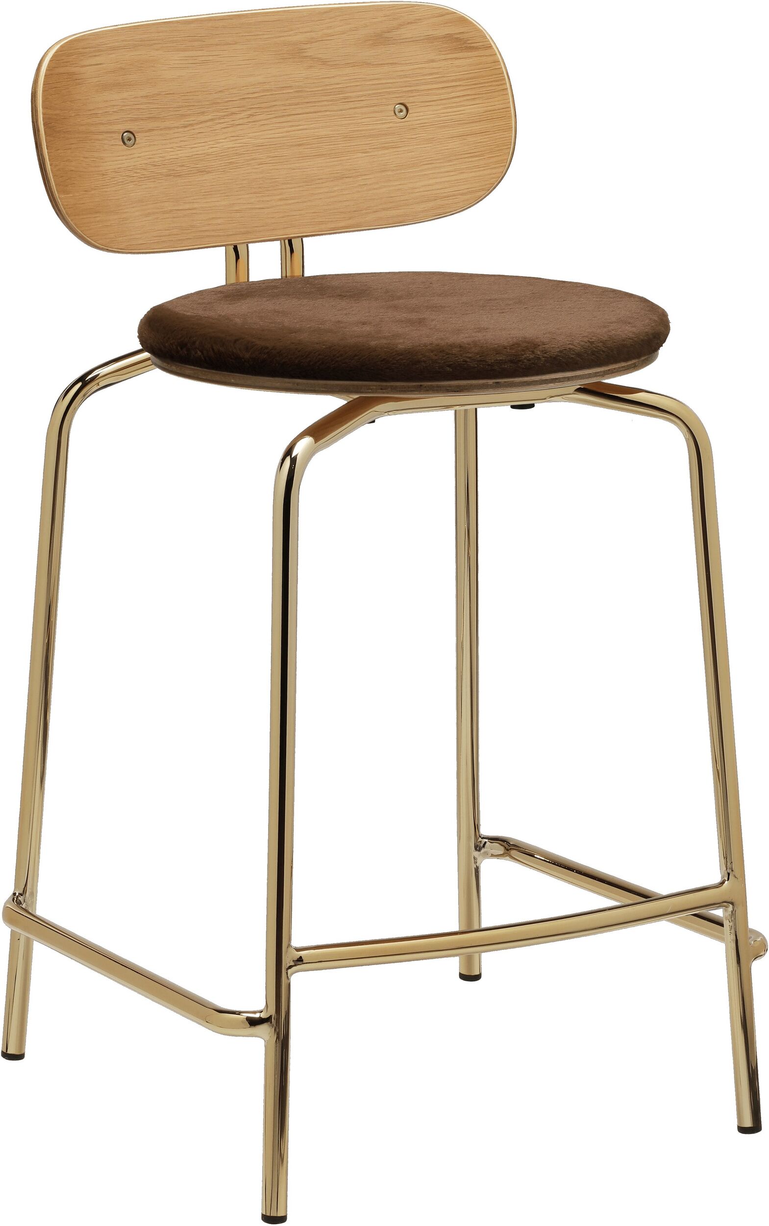 Krzesło Curious Counter Teddy brązowe z tapicerowanym siedziskiem na mosiężnych nogach