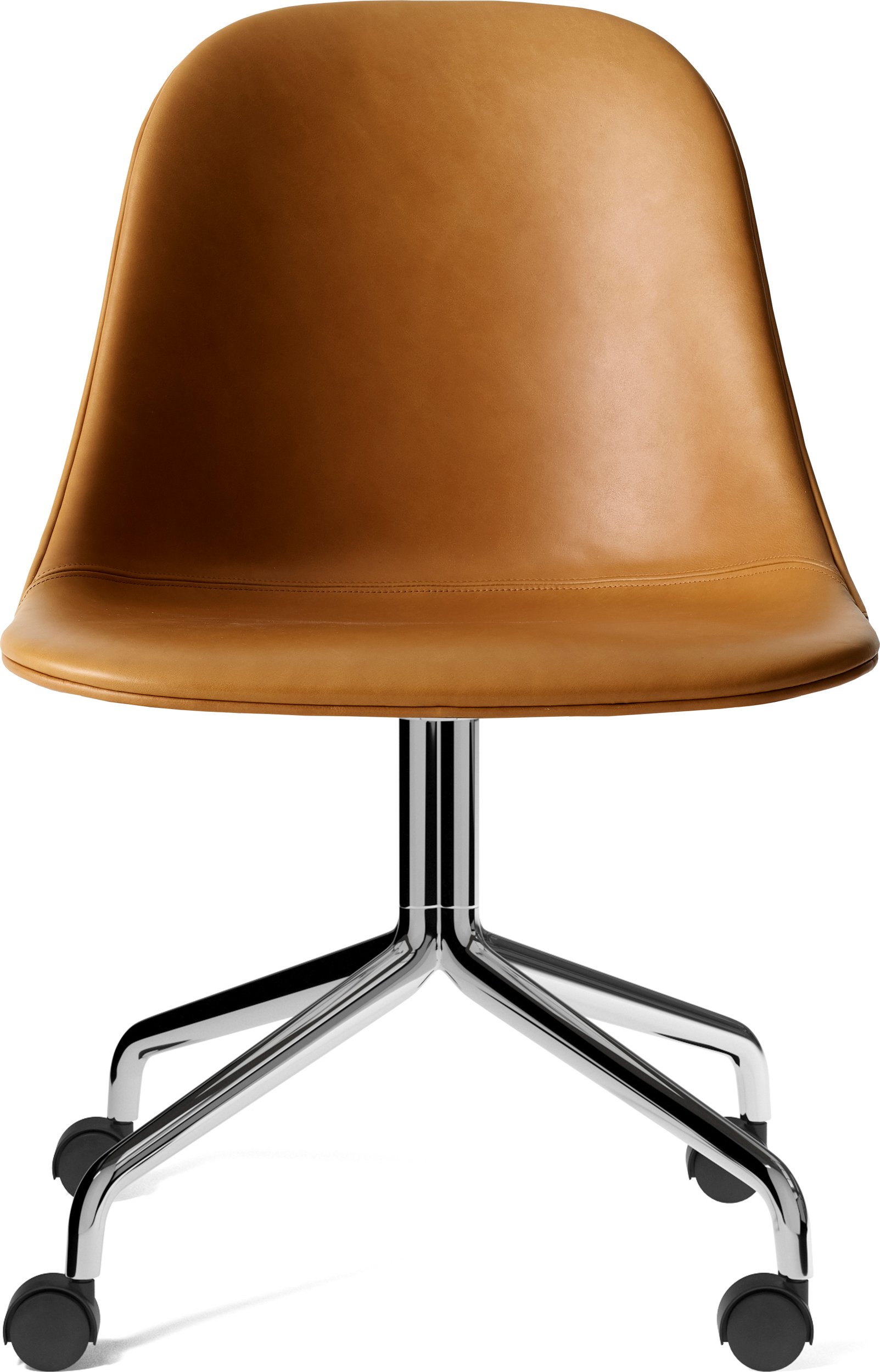 Krzesło na kółkach Harbour koniakowy brąz skórzane na aluminiowych nogach