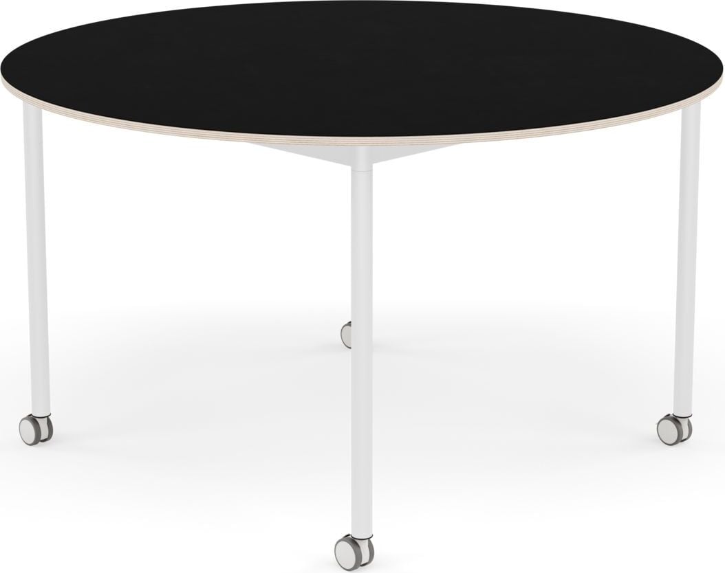 Stół na kółkach Base okrągły 128 cm czarny laminowany nogi białe