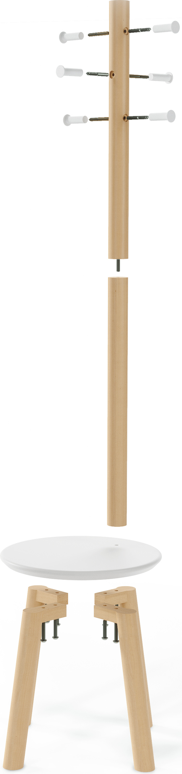 Wieszak stojący Pillar biały ze stołkiem