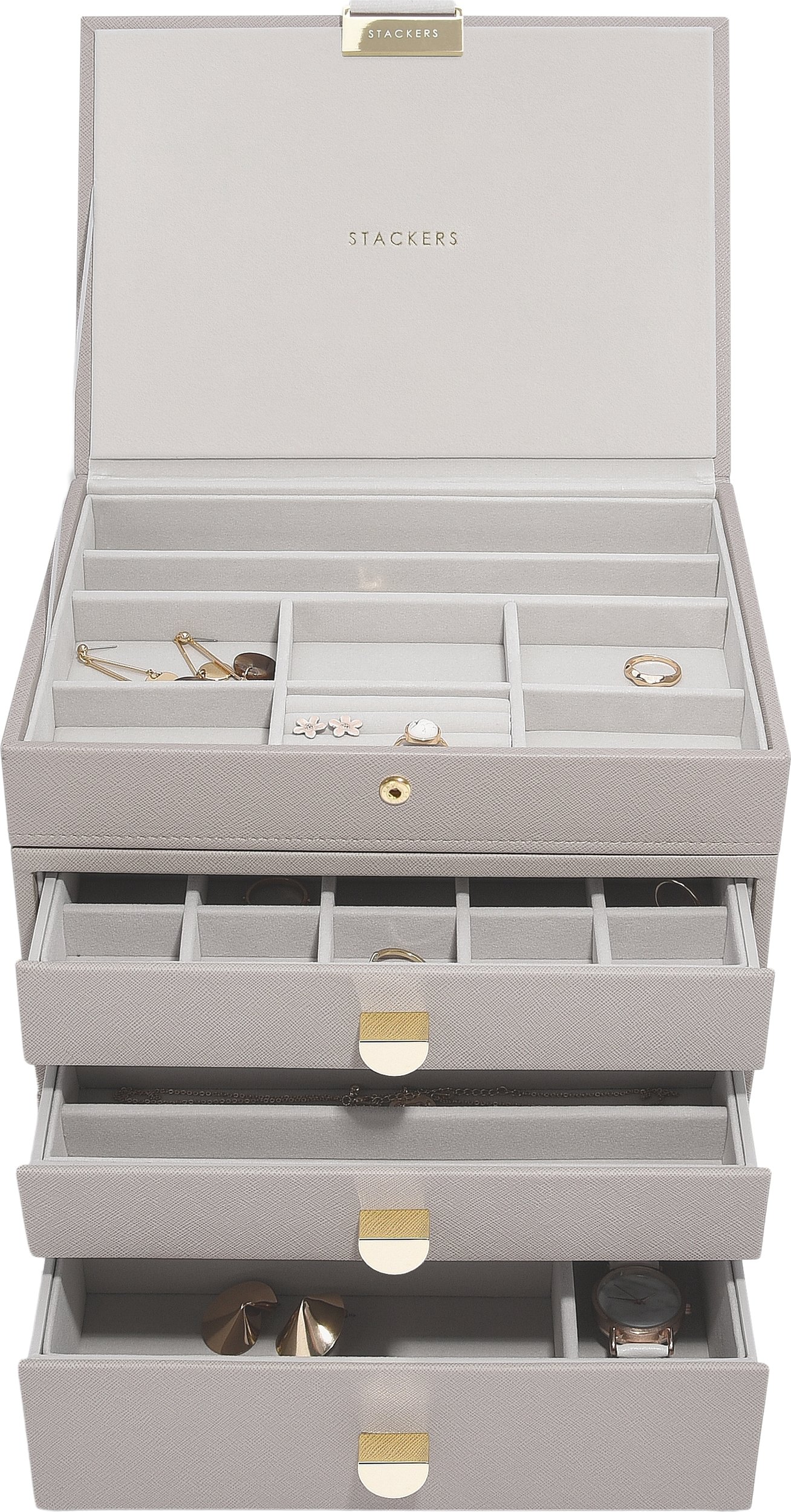 Szkatułka na biżuterię Stackers Classic poczwórna taupe z 3 szufladami