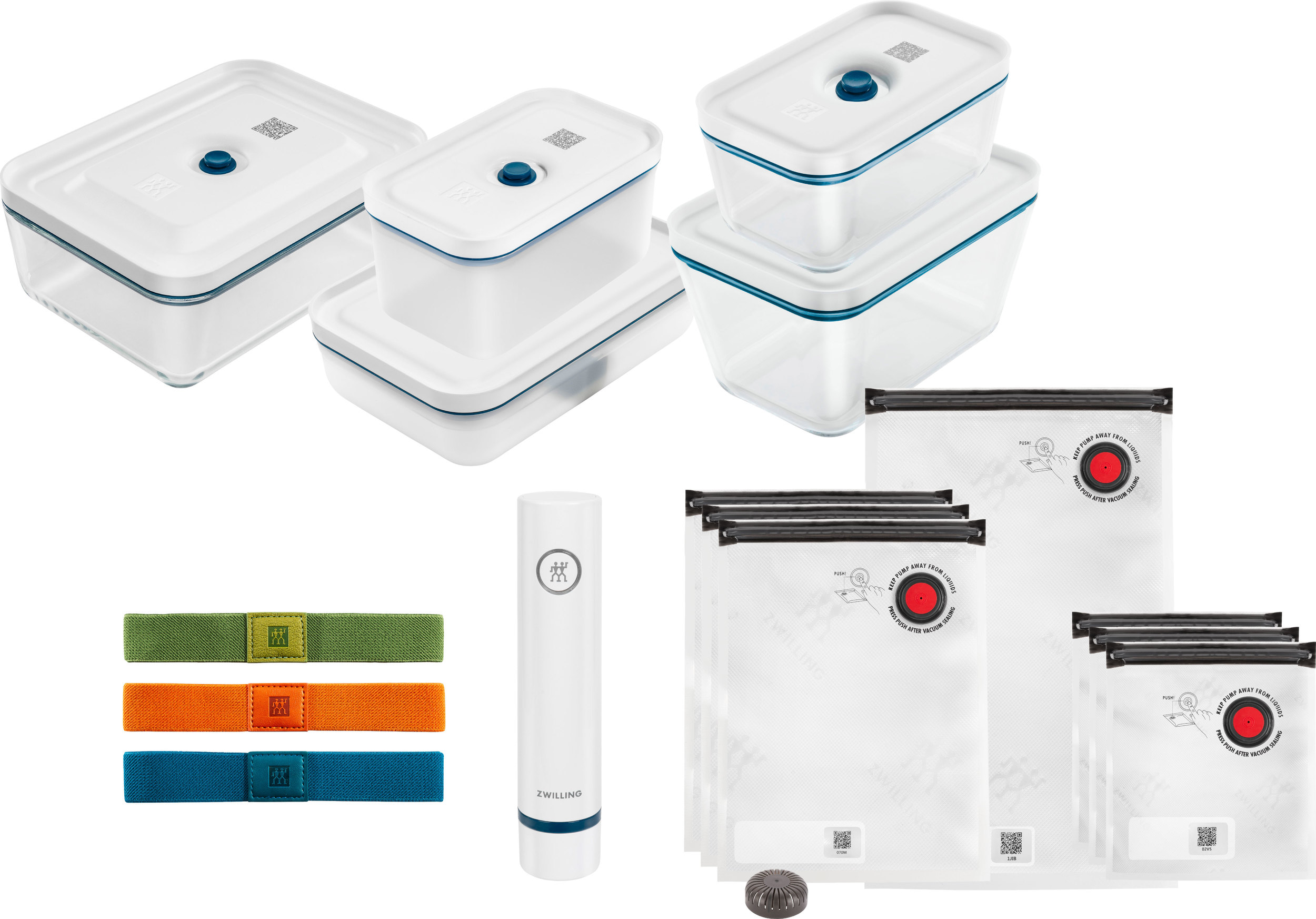 Pojemniki próżniowe Zwilling Fresh & Save M/L morskie szklane i z tworzywa z workami i pompką 16 el.