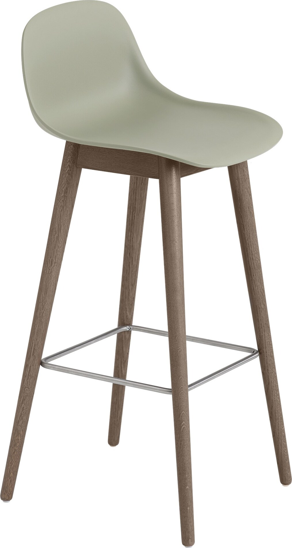 Stołek barowy Fiber 75 cm szarozielony z oparciem na ciemnych drewnianych nogach