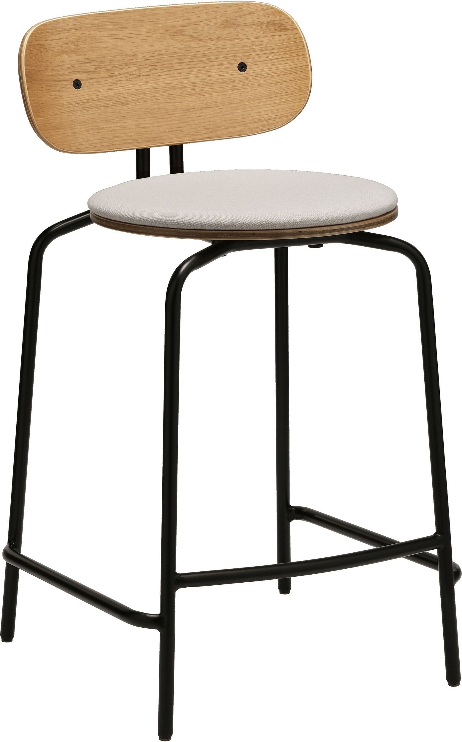 Krzesło Curious Counter jasnopiaskowe z tapicerowanym siedziskiem na czarnych nogach