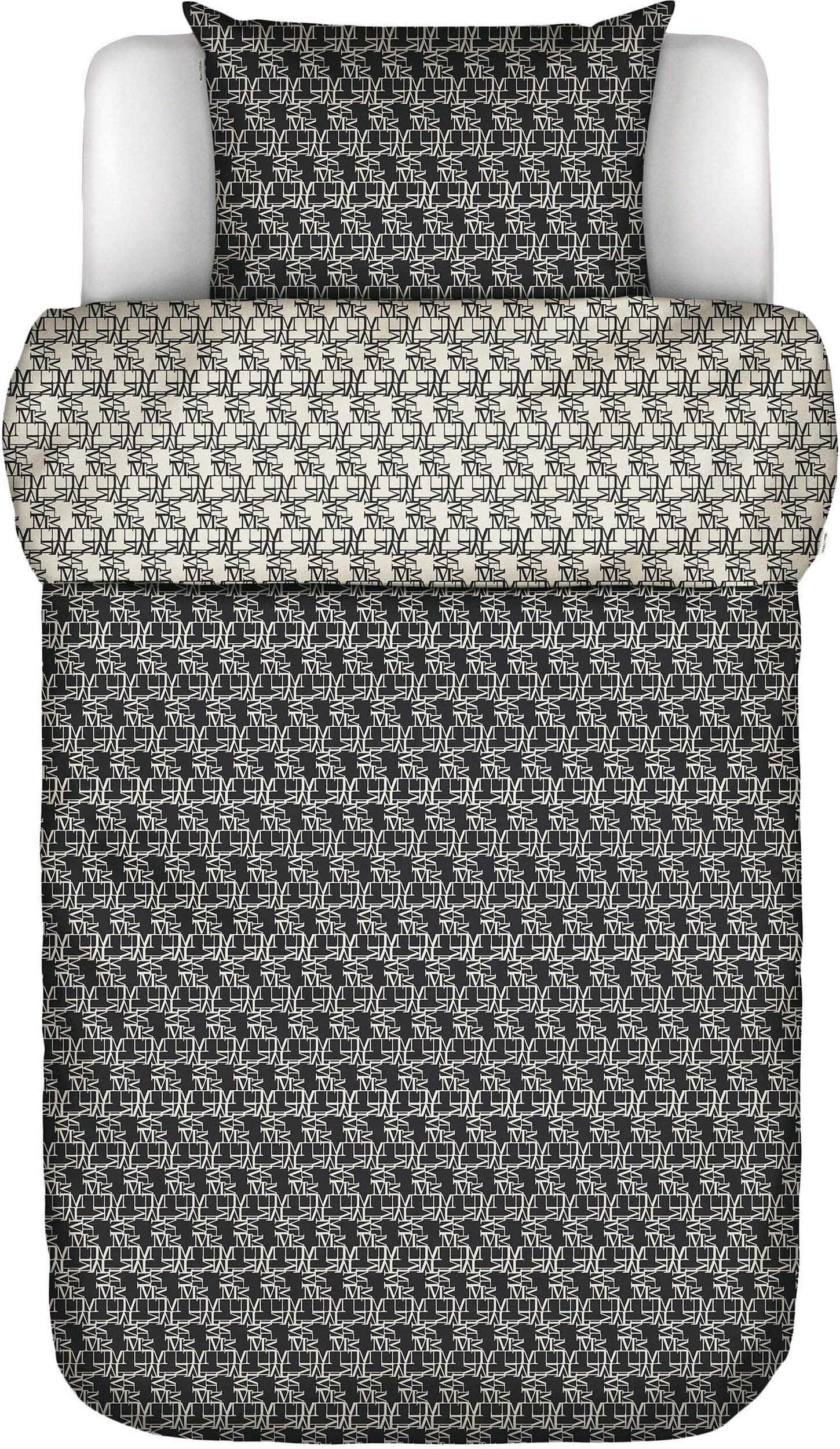 Pościel Monogram 140 x 220 cm czarno-biała z poszewką na poduszkę 60 x 70 cm zapięcie flap