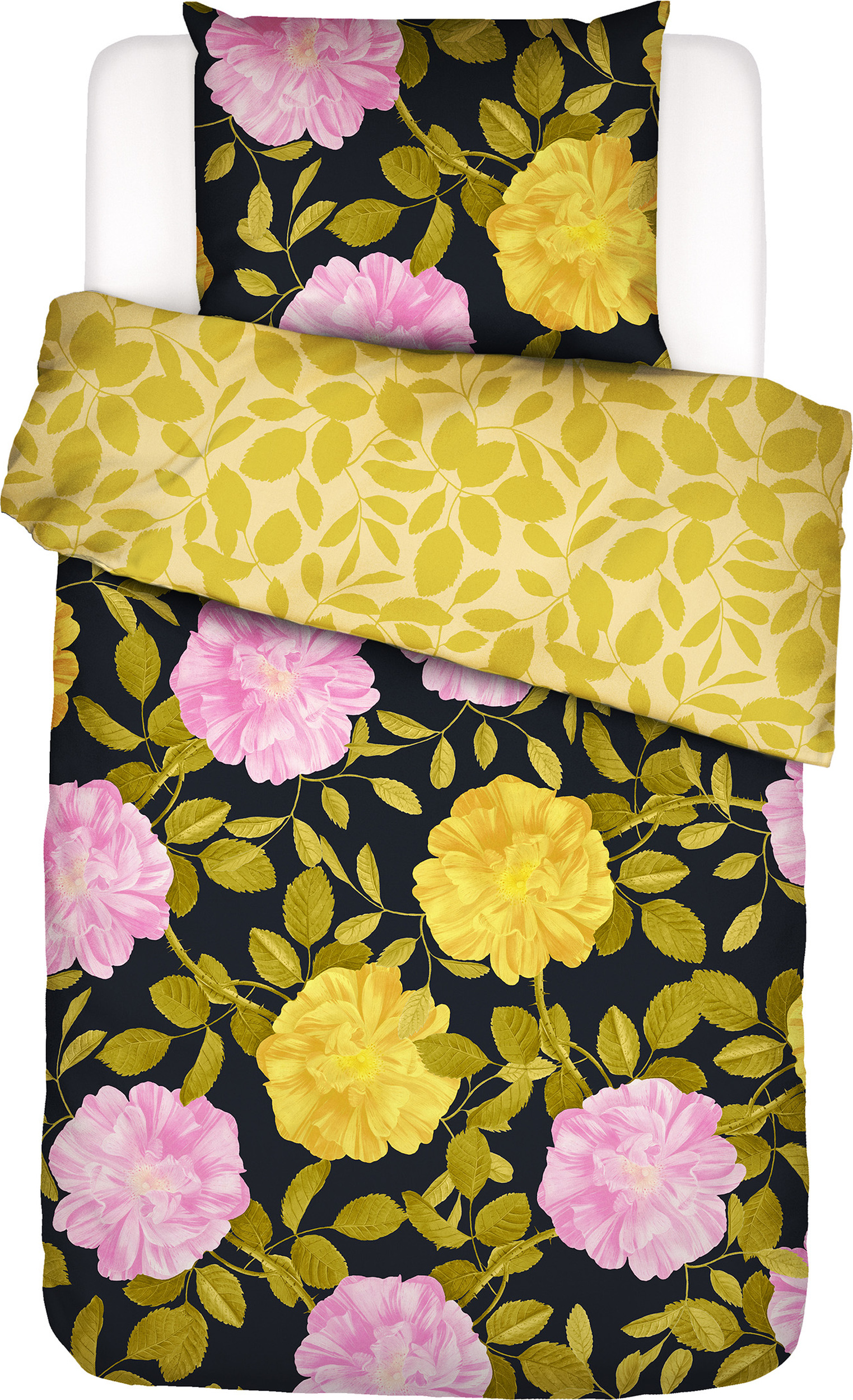 Pościel Bloom with a View 140 x 220 cm czarna z poszewką na poduszkę 60 x 70 cm zapięcie flap