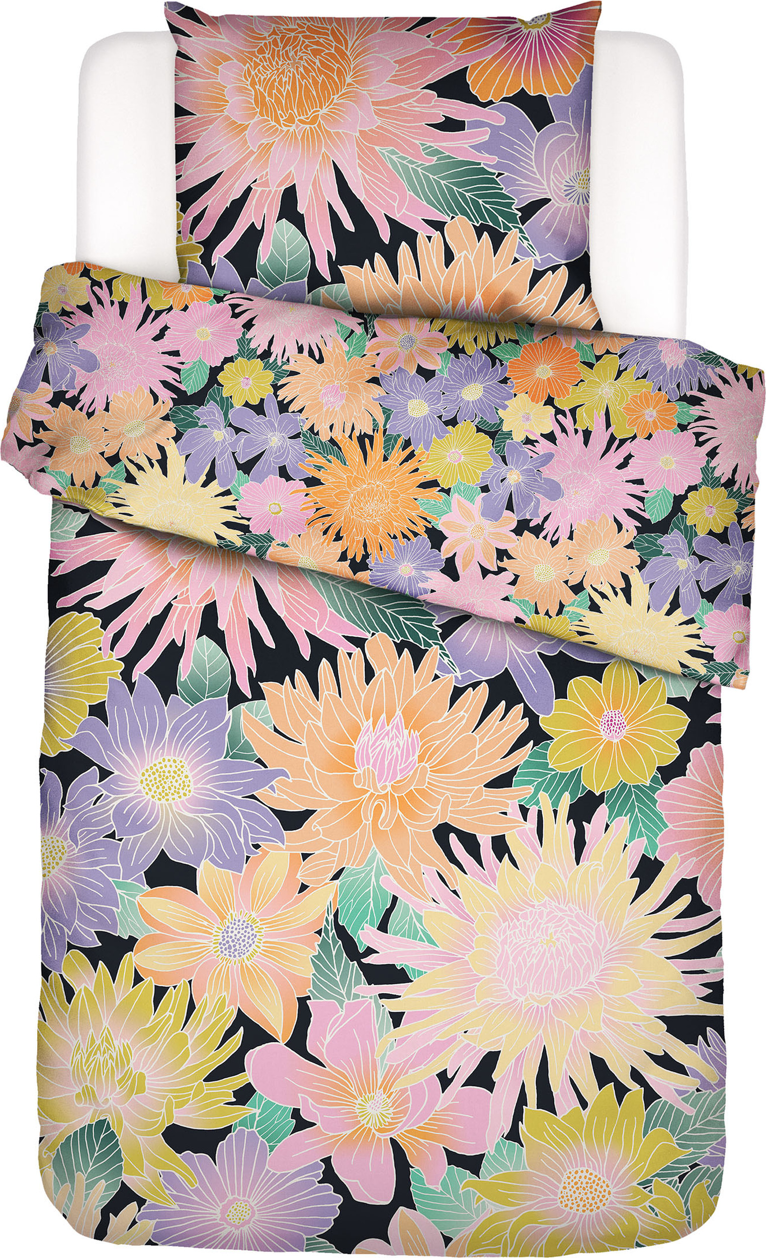 Pościel Flower Fling 140 x 220 cm czarna z poszewką na poduszkę 60 x 70 cm zapięcie flap