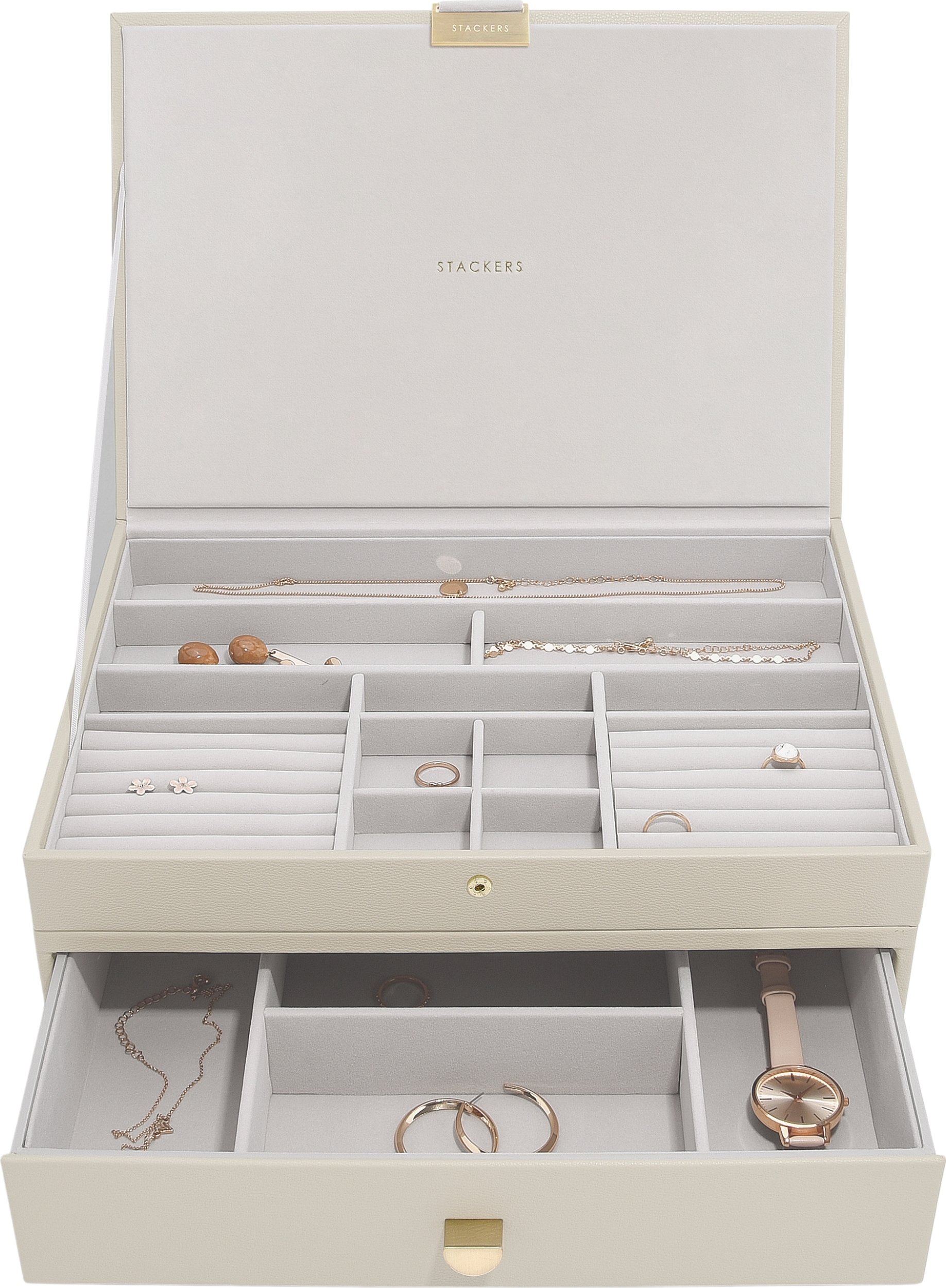 Szkatułka na biżuterię Stackers podwójna supersize jasnobeżowa z szufladą