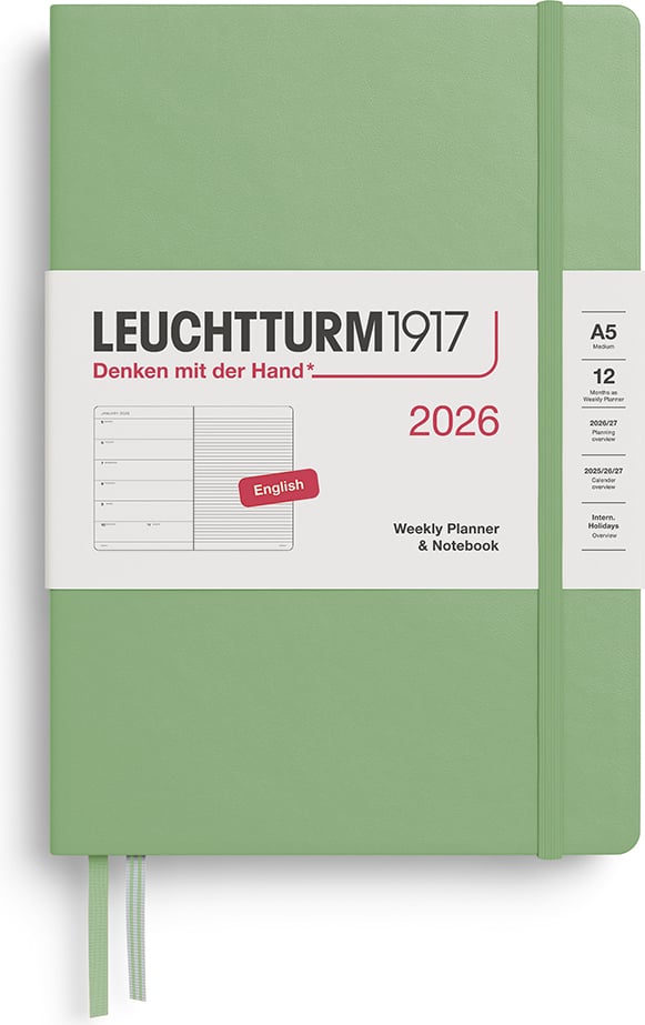 Planer tygodniowy z notatnikiem w linię w twardej oprawie Leuchtturm 1917 2026 EN A5 szałwiowa zieleń