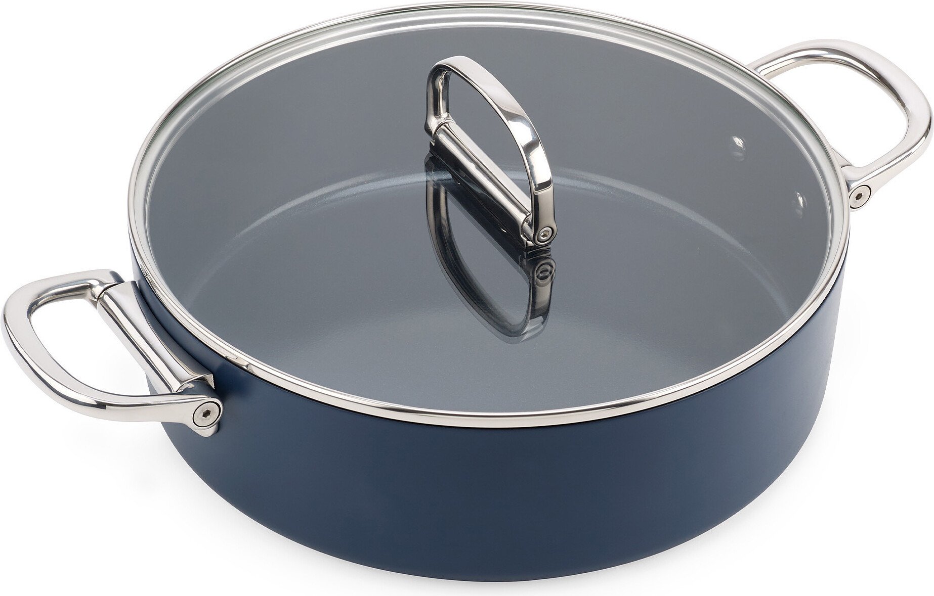 Garnek Space niski 28 cm niebieski ze składanymi uchwytami i pokrywką