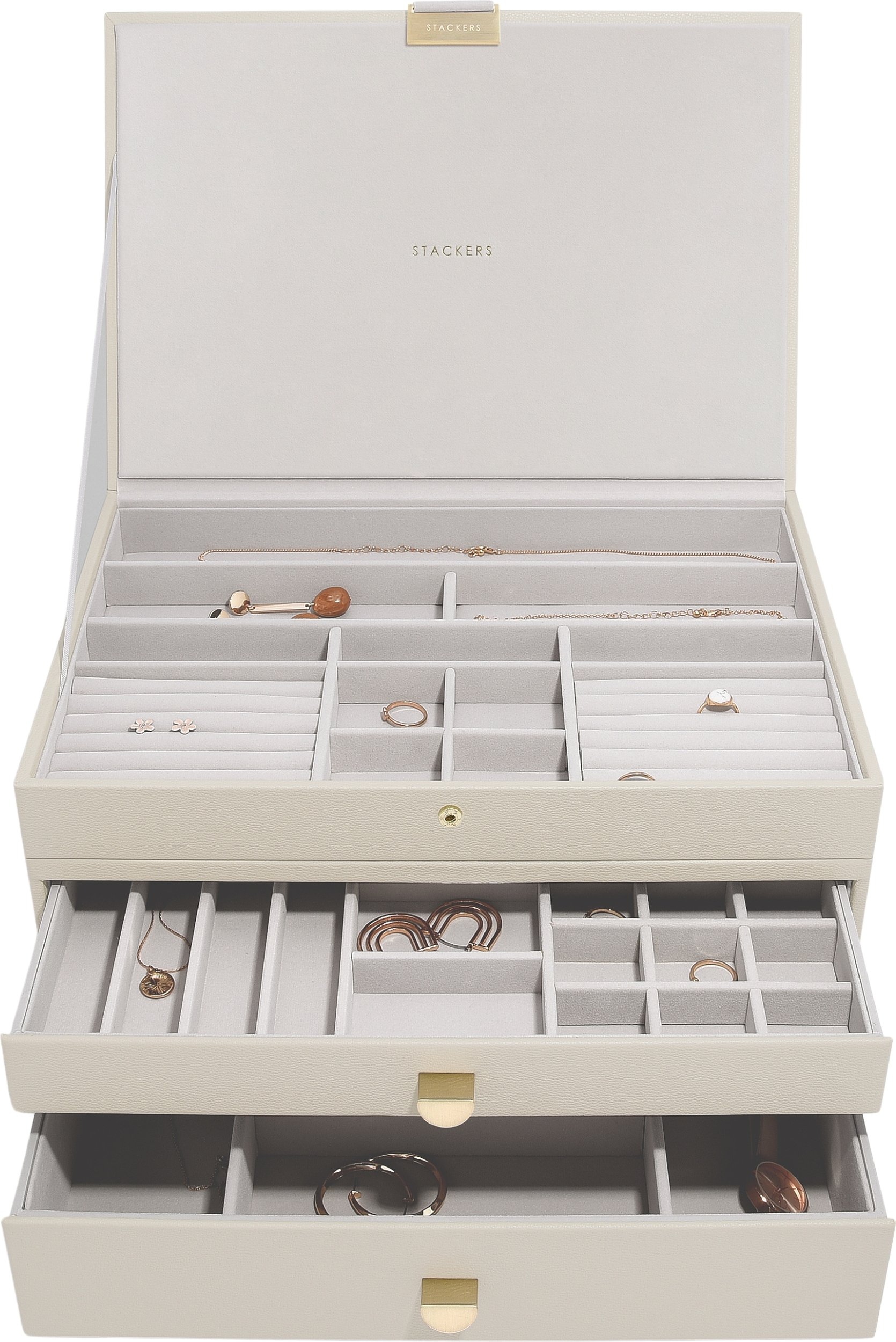Szkatułka na biżuterię Stackers potrójna supersize jasnobeżowa z 2 szufladami