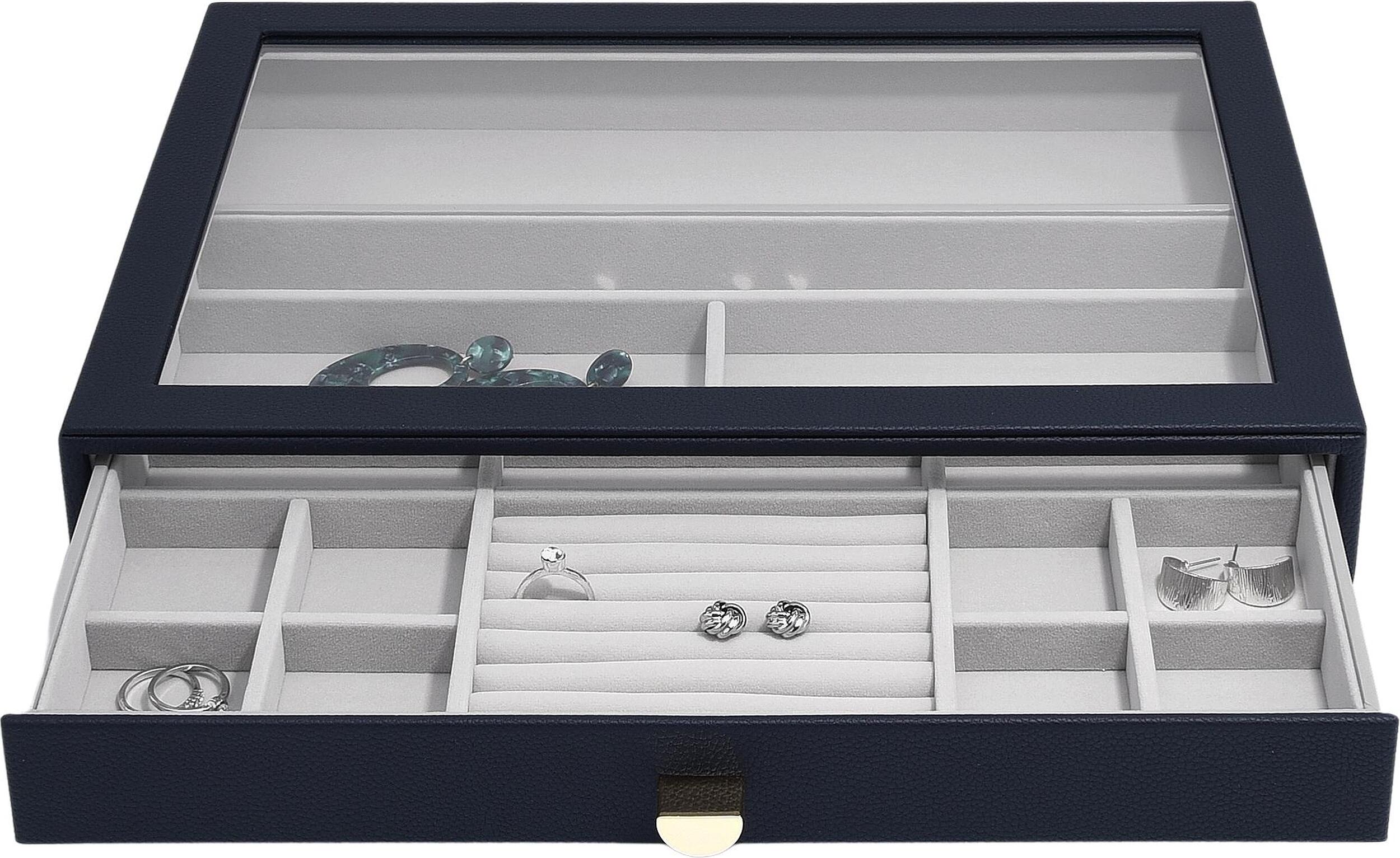 Szkatułka na biżuterię Stackers Pebble 16 komorowa supersize granatowa z szufladą i szklaną pokrywką
