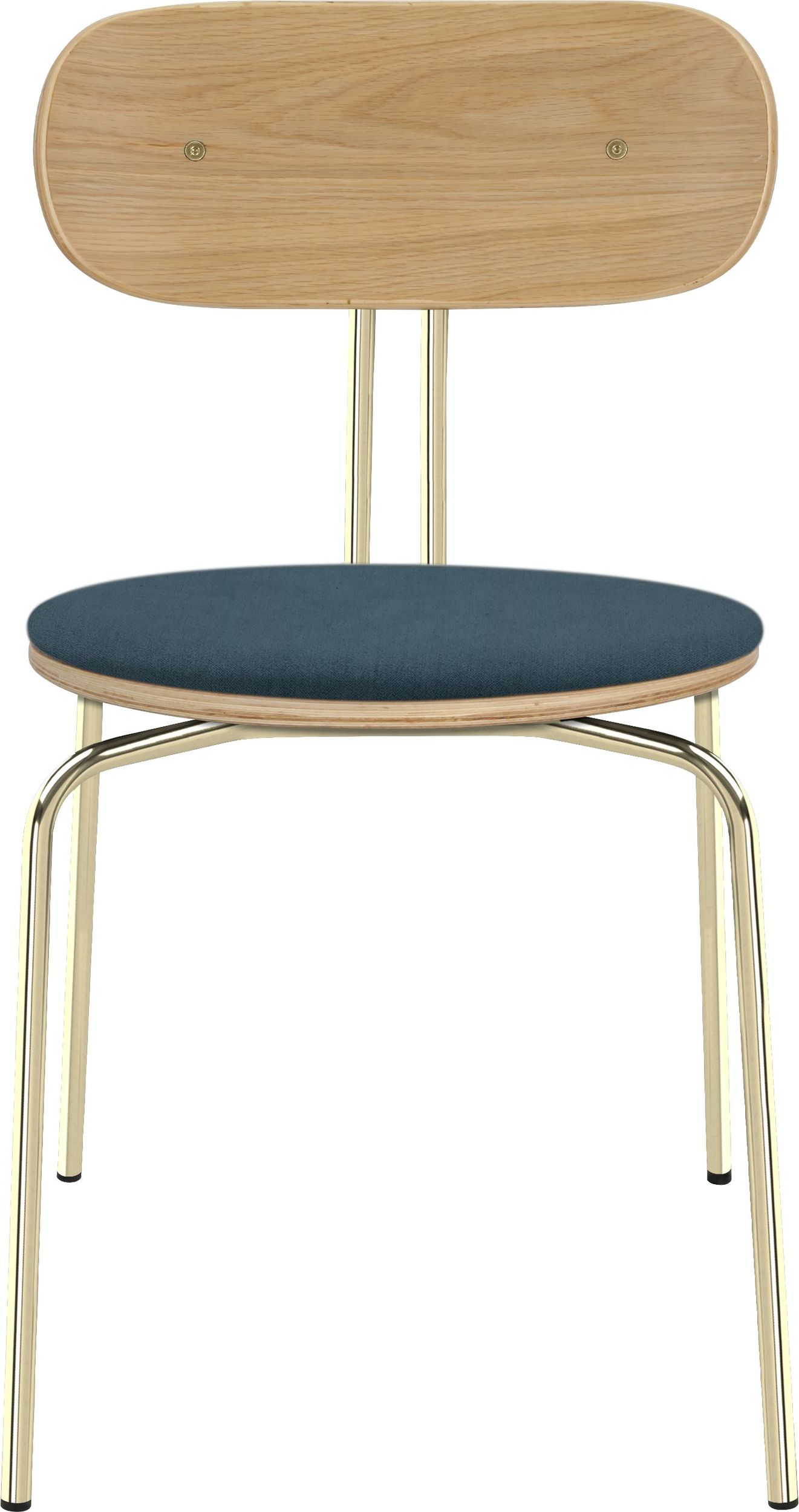 Krzesło Curious niebieskie z tapicerowanym siedziskiem na mosiężnych nogach