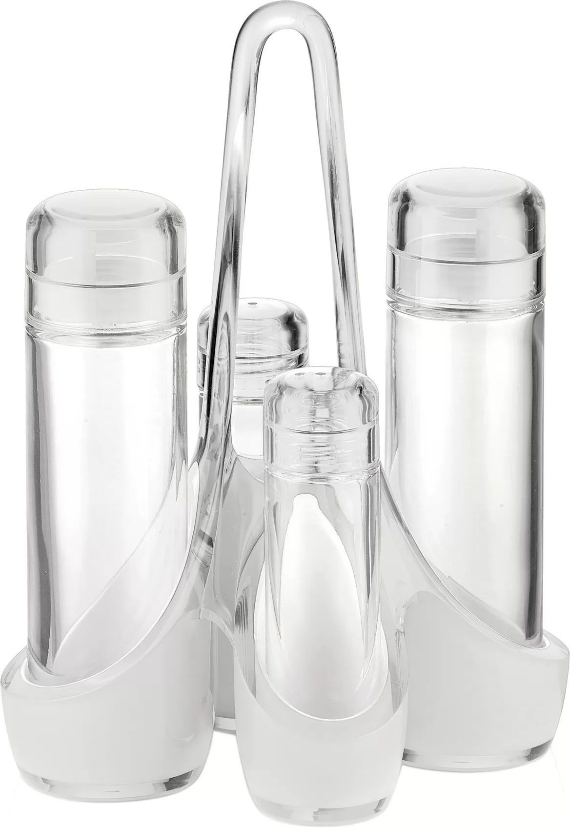 Dozowniki do oliwy i octu Two-tone transparentne z solniczką i pieprzniczką na stojaku 5 el.