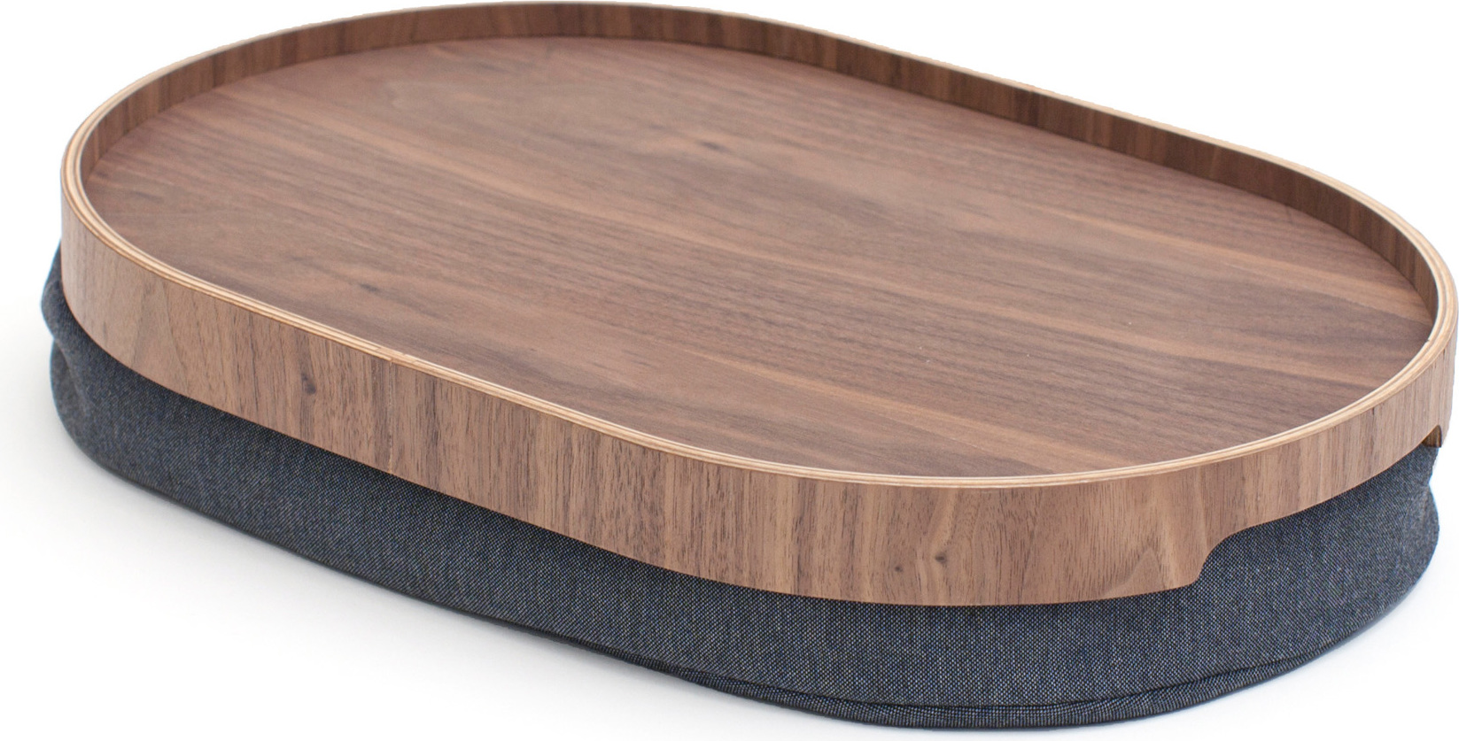 Taca Laptray owalna M drewno orzechowe z antypoślizgową powłoką i z szarą poduszką