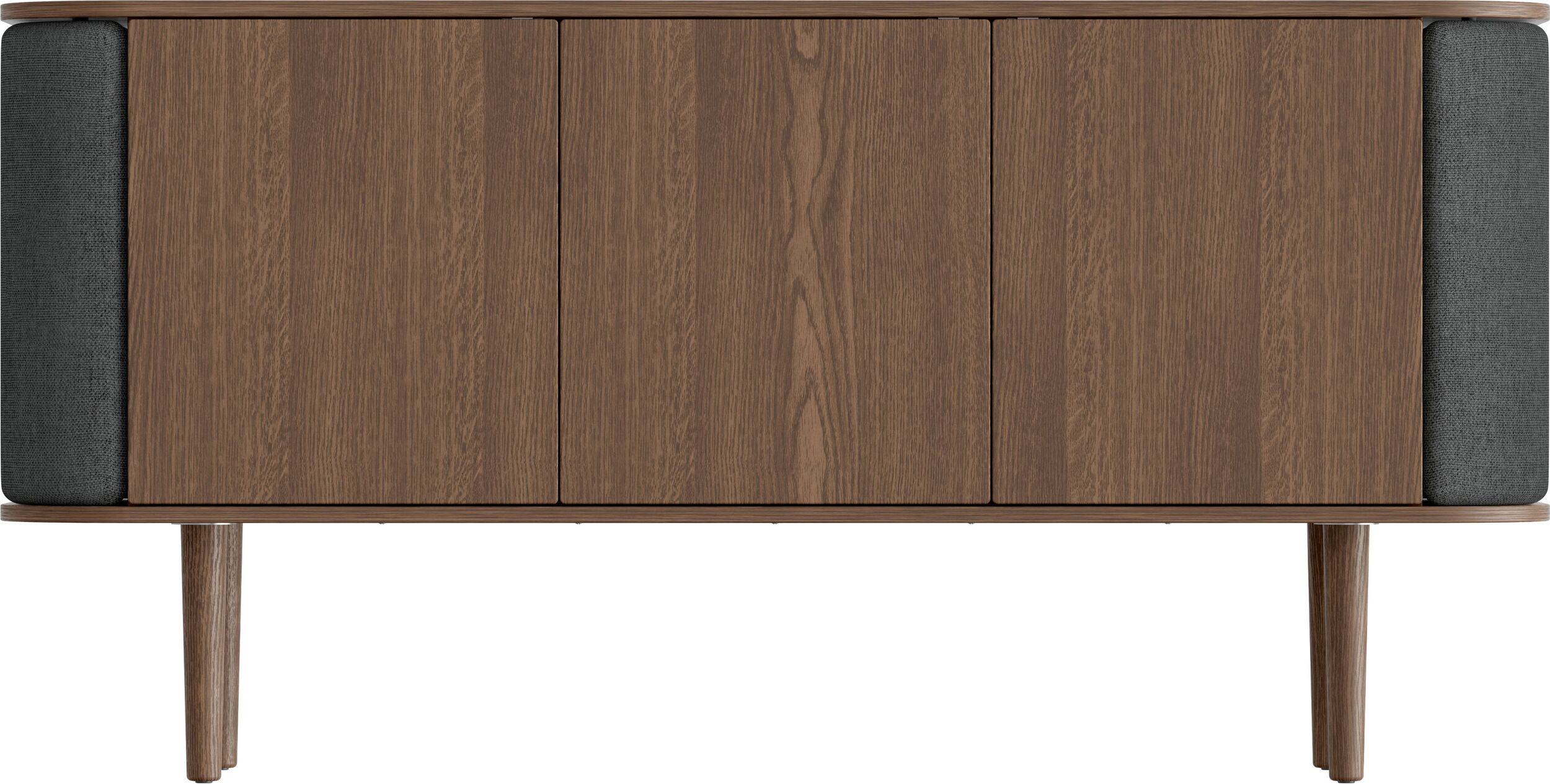 Komoda trzydrzwiowa Treasures ciemny dąb i ciemnoszara tkanina