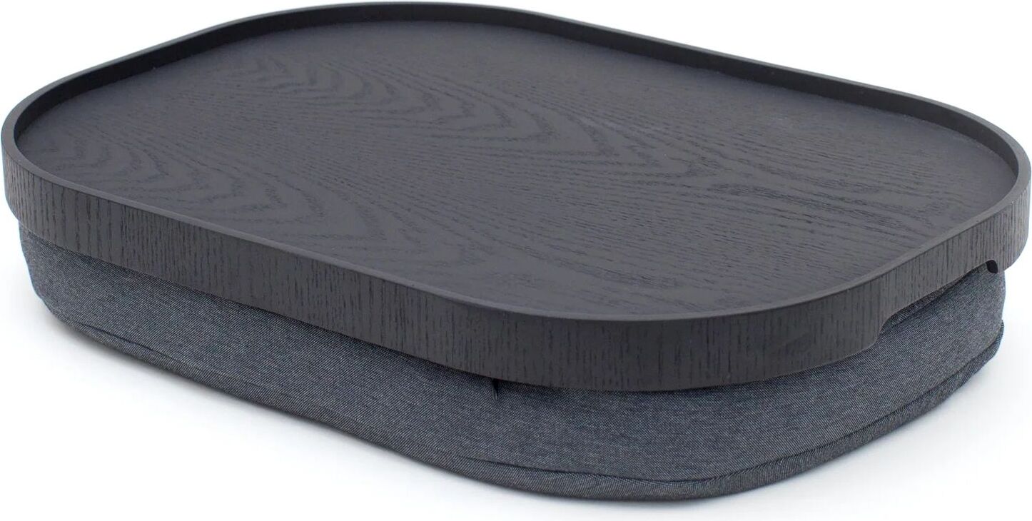 Taca Laptray owalna L czarny mat drewno wierzbowe z antypoślizgową powłoką i z szarą poduszką