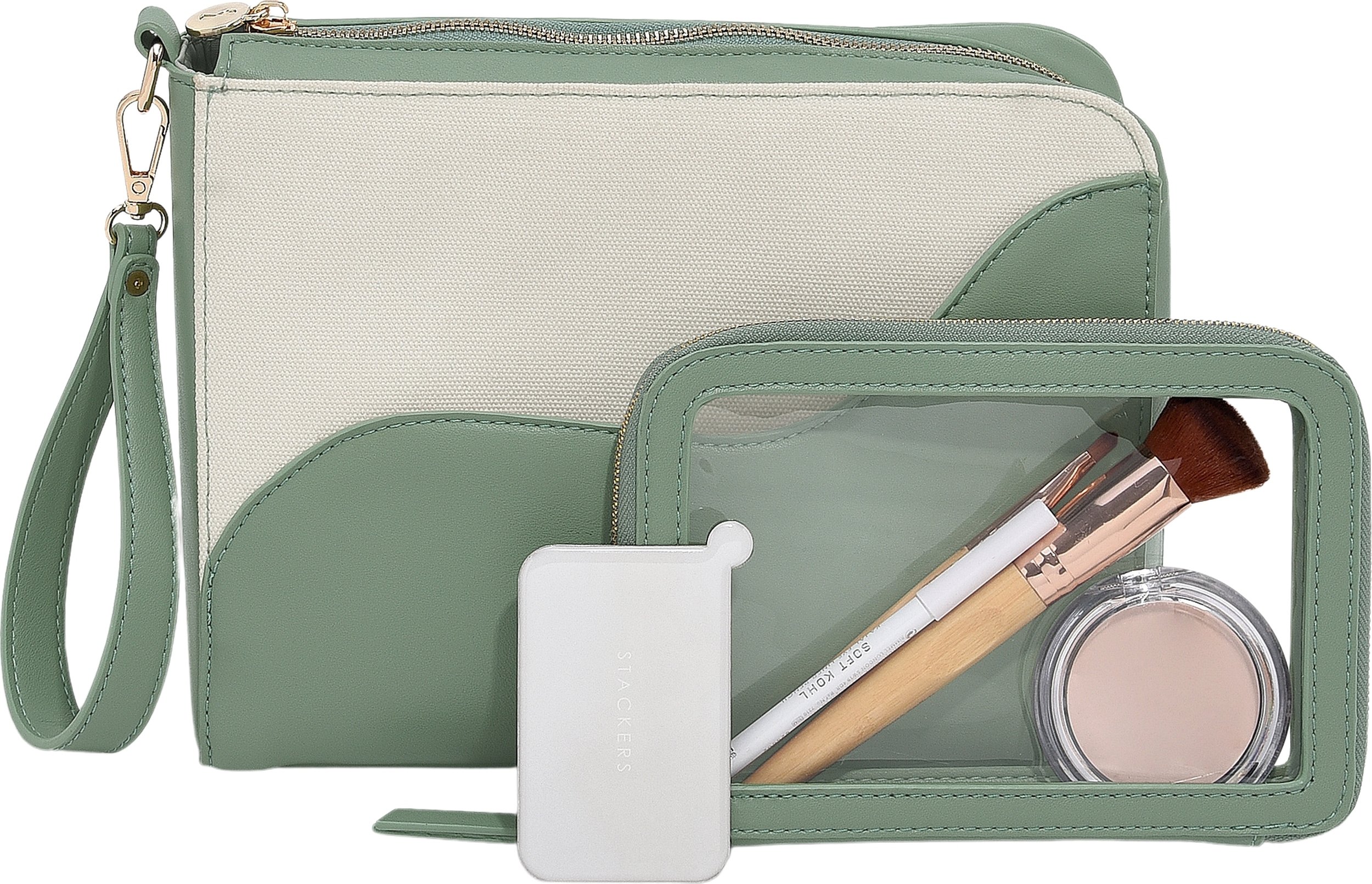 Kosmetyczki Stackers Wave kremowo-zielone z lusterkiem