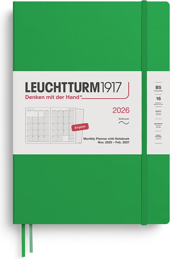Planer miesięczny z notatnikiem w miękkiej oprawie Leuchtturm 1917 2025/2027 16M EN B5 jasnozielony