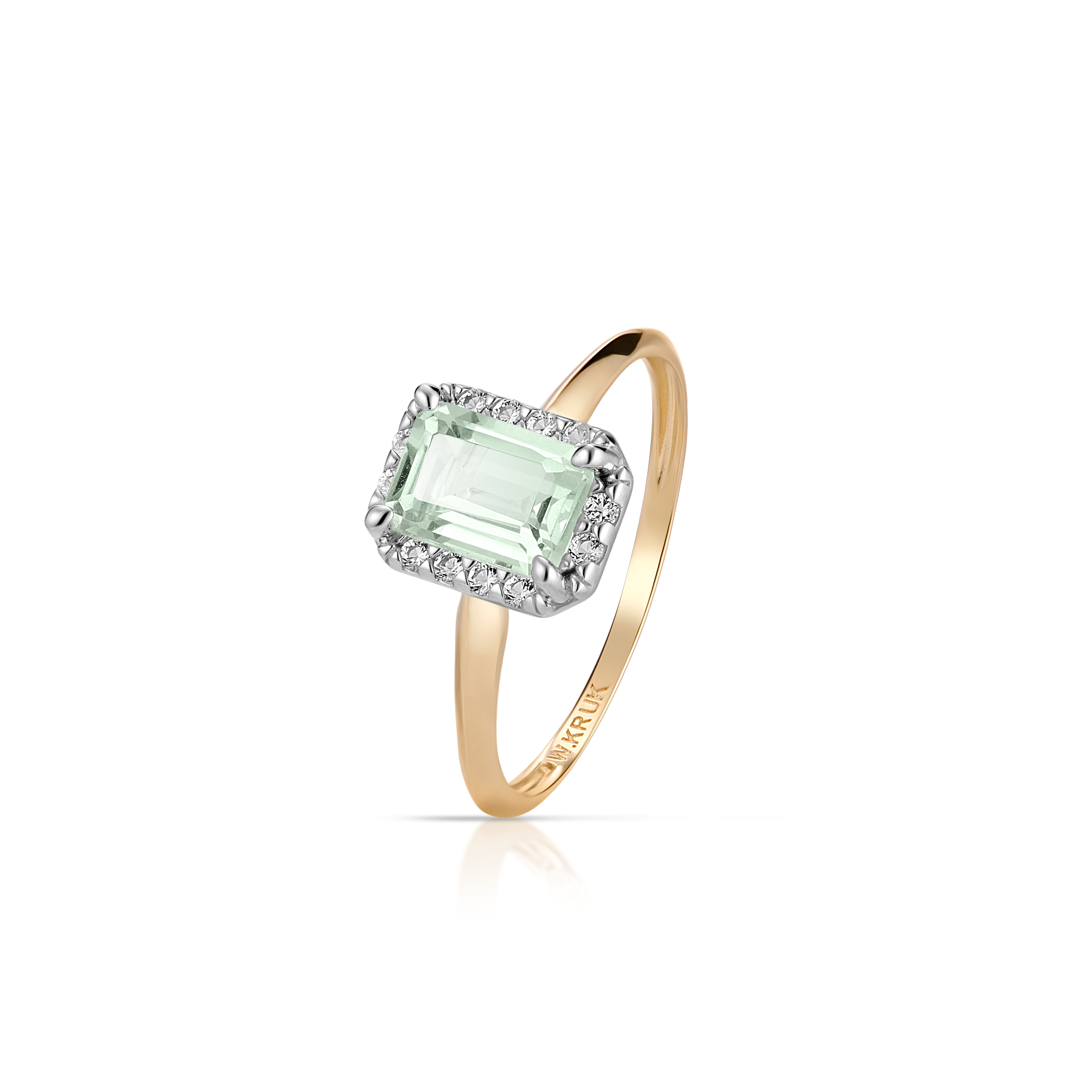 W.KRUK Zjawiskowy Pierścionek Złoty - złoto 585, Prasiolit, biały topaz - ZIN/PW101BK